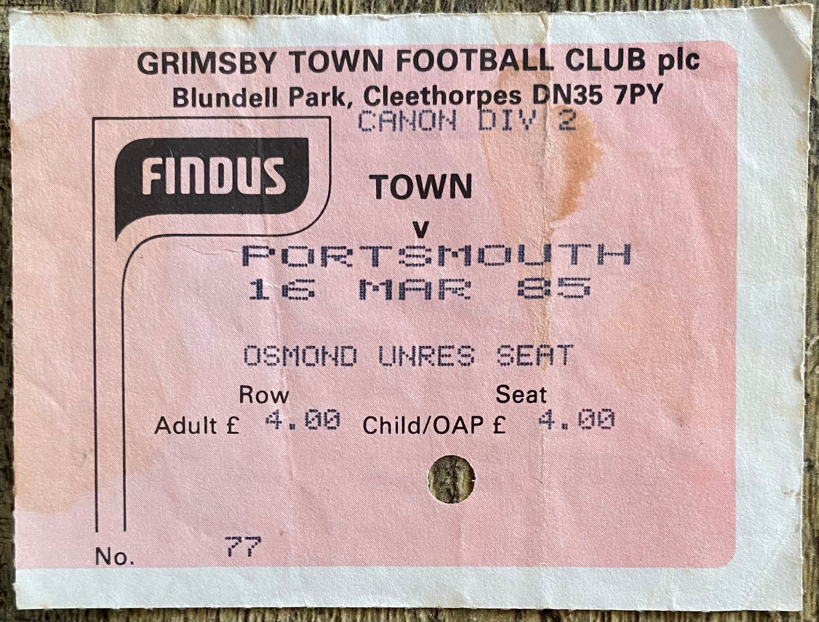 1984/85 ORIGINAL DIVISION TWO TICKET GRIMSBY TOWN V PORTSMOUTH