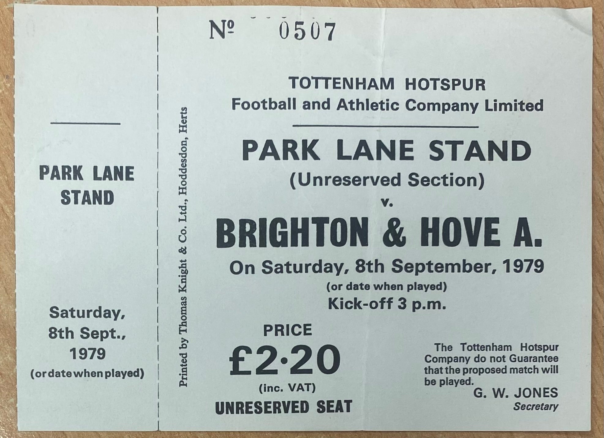 1979/80 ORIGINAL DIVISION ONE UNUSED TICKET TOTTENHAM HOTSPUR V BRIGHTON AND HOVE ALBION