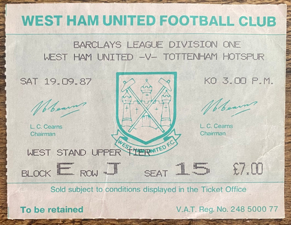 1987/88 ORIGINAL DIVISION ONE TICKET WEST HAM UNITED V TOTTENHAM HOTSPUR