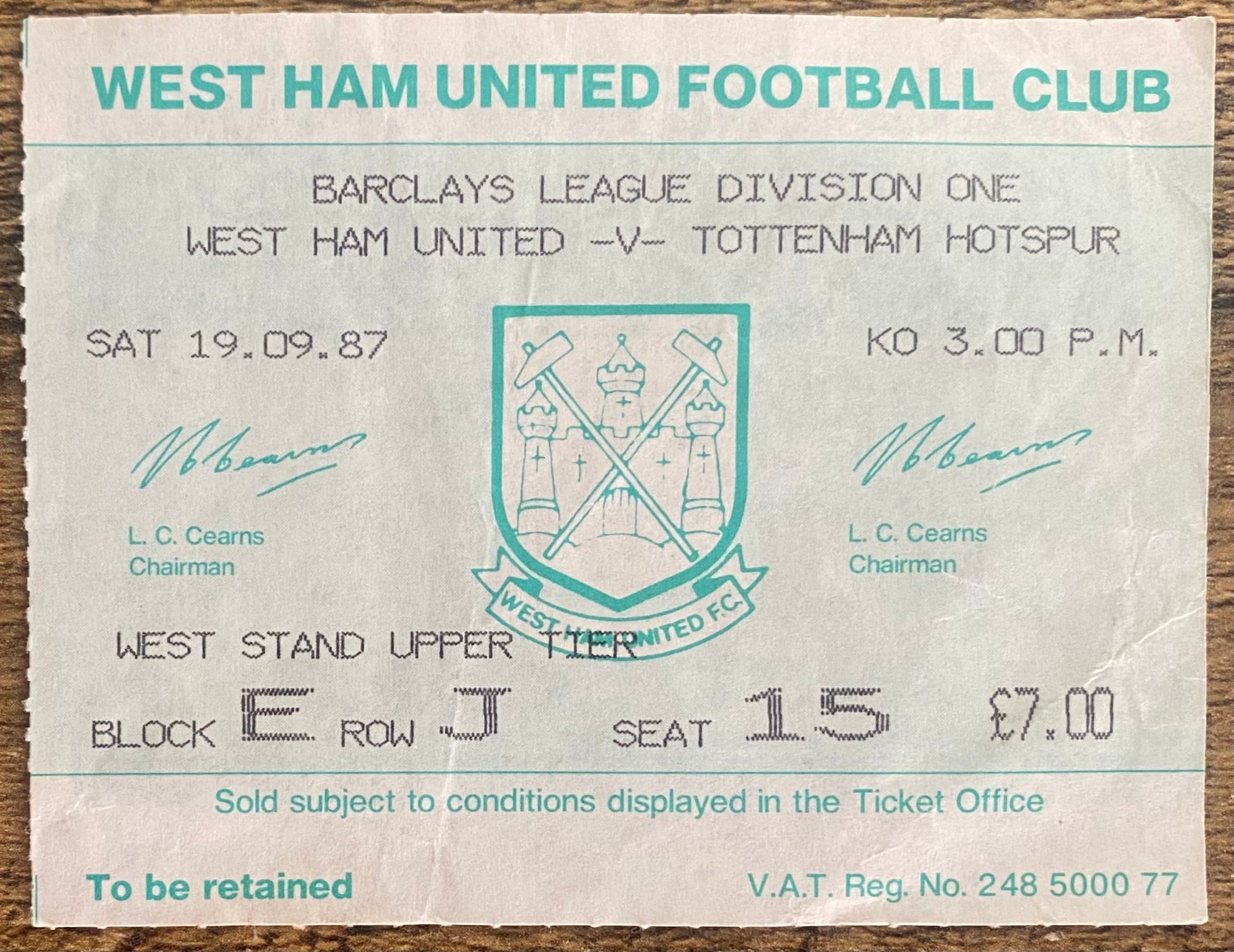 1987/88 ORIGINAL DIVISION ONE TICKET WEST HAM UNITED V TOTTENHAM HOTSPUR
