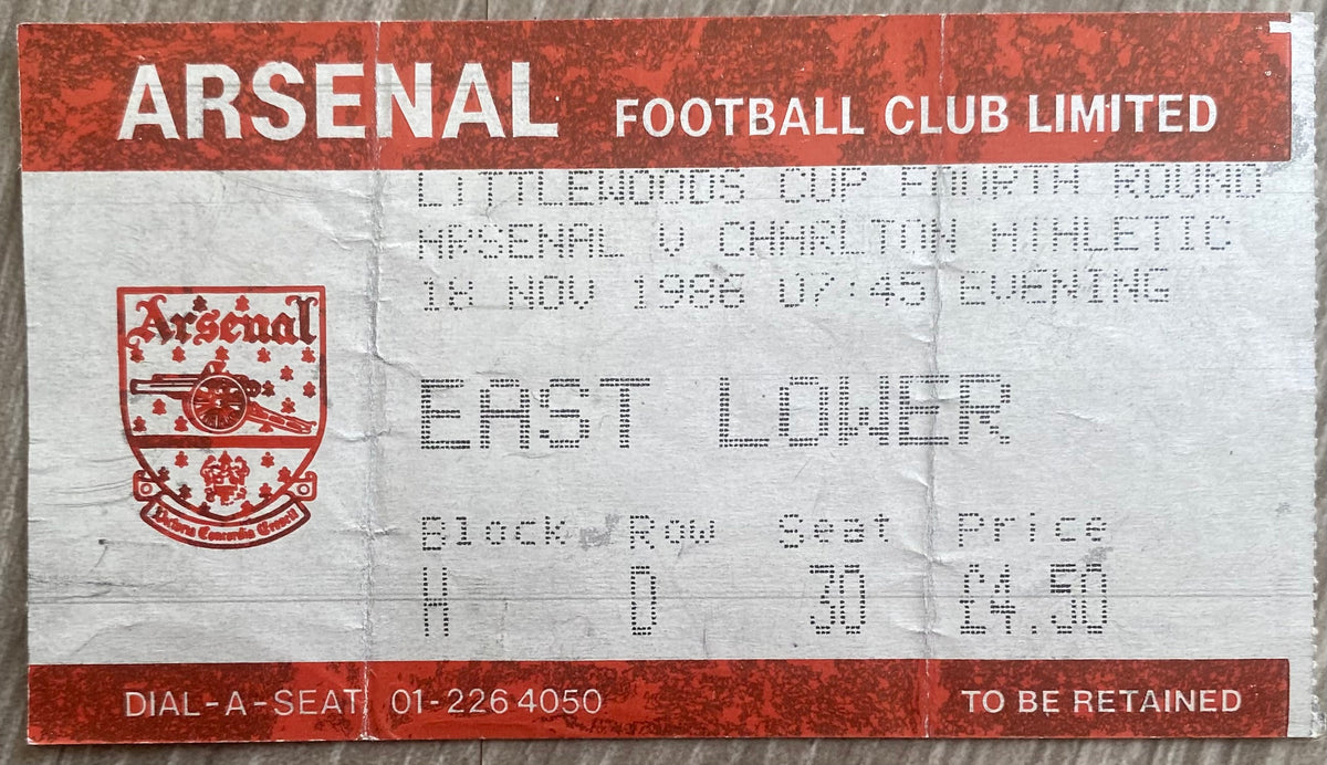 1986/87 ORIGINAL LITTLEWOODS CUP 4TH ROUND TICKET ARSENAL V CHARLTON ATHLETIC