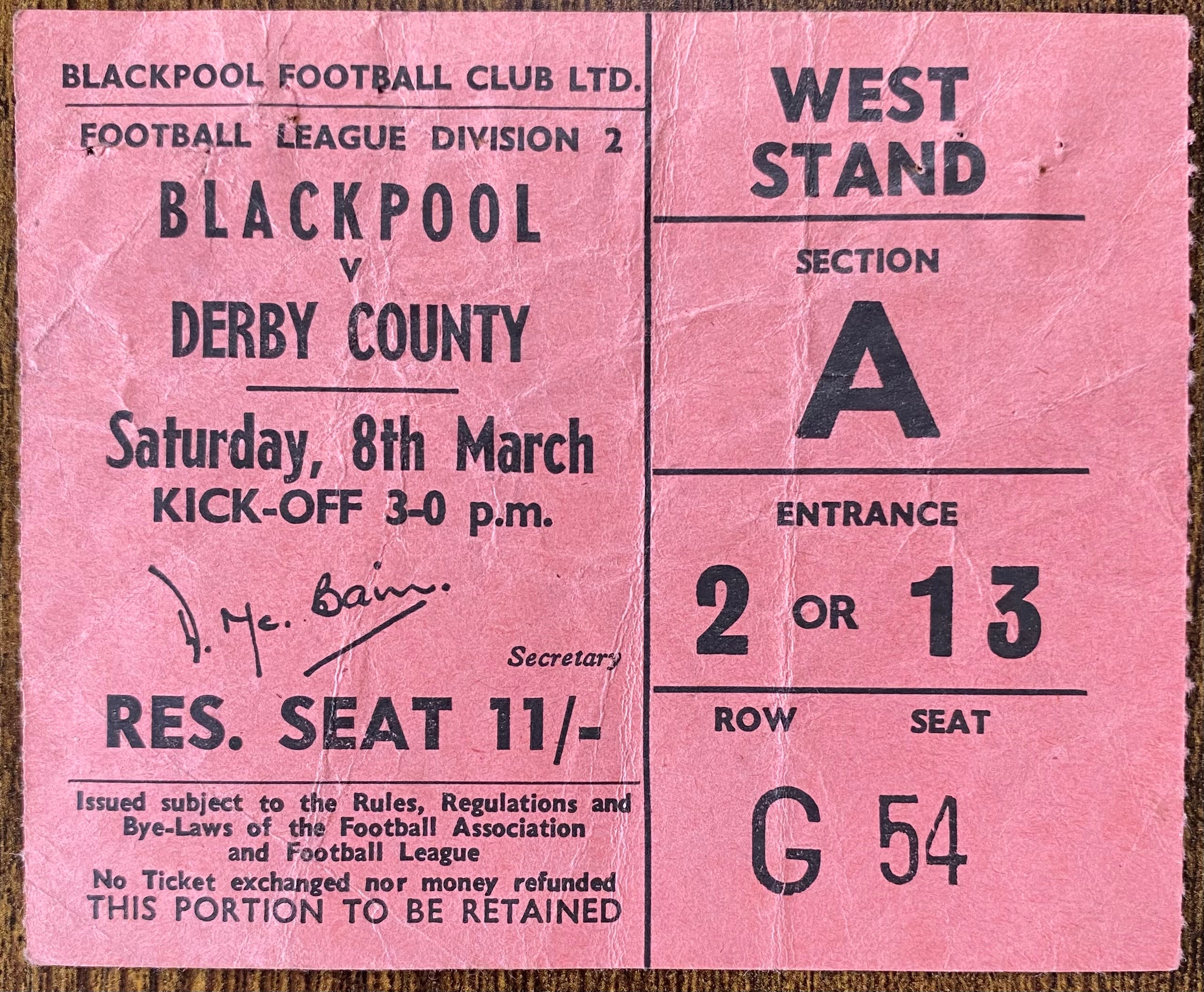 1968/69 ORIGINAL DIVISION 2 TICKET BLACKPOOL V DERBY COUNTY