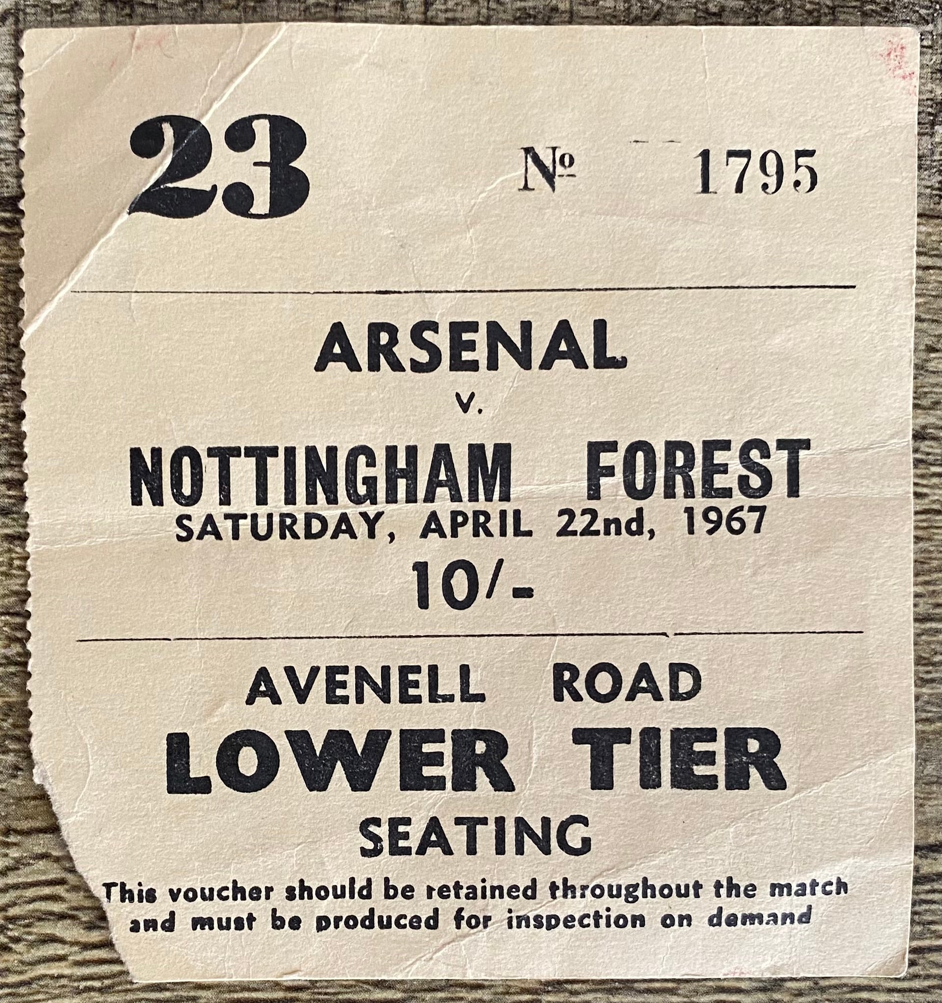 1966/67 ORIGINAL DIVISION ONE TICKET ARSENAL V NOTTINGHAM FOREST