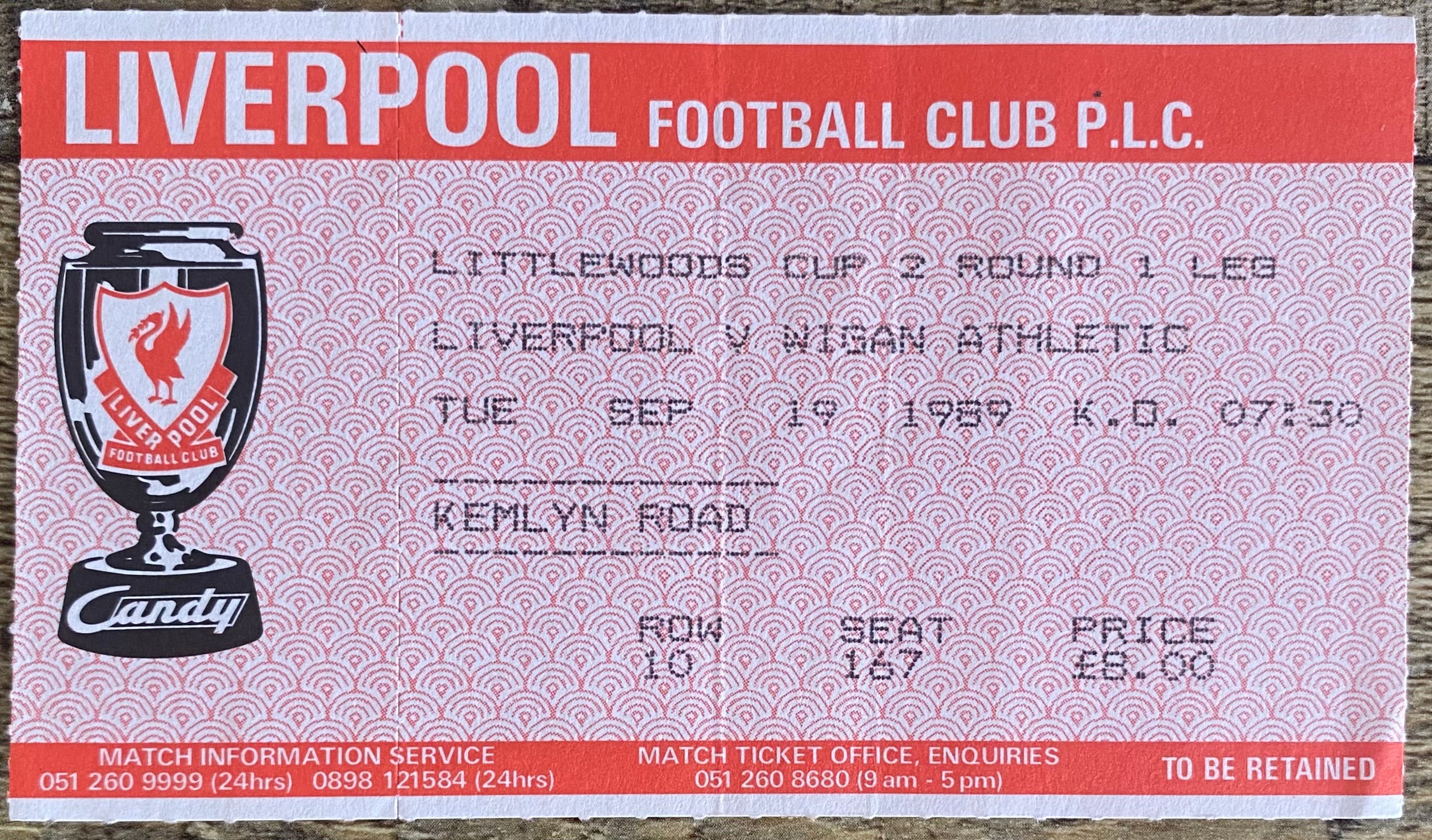 1989/90 ORIGINAL LITTLEWOODS CUP 2ND ROUND 1ST LEG TICKET LIVERPOOL V WIGAN ATHLETIC
