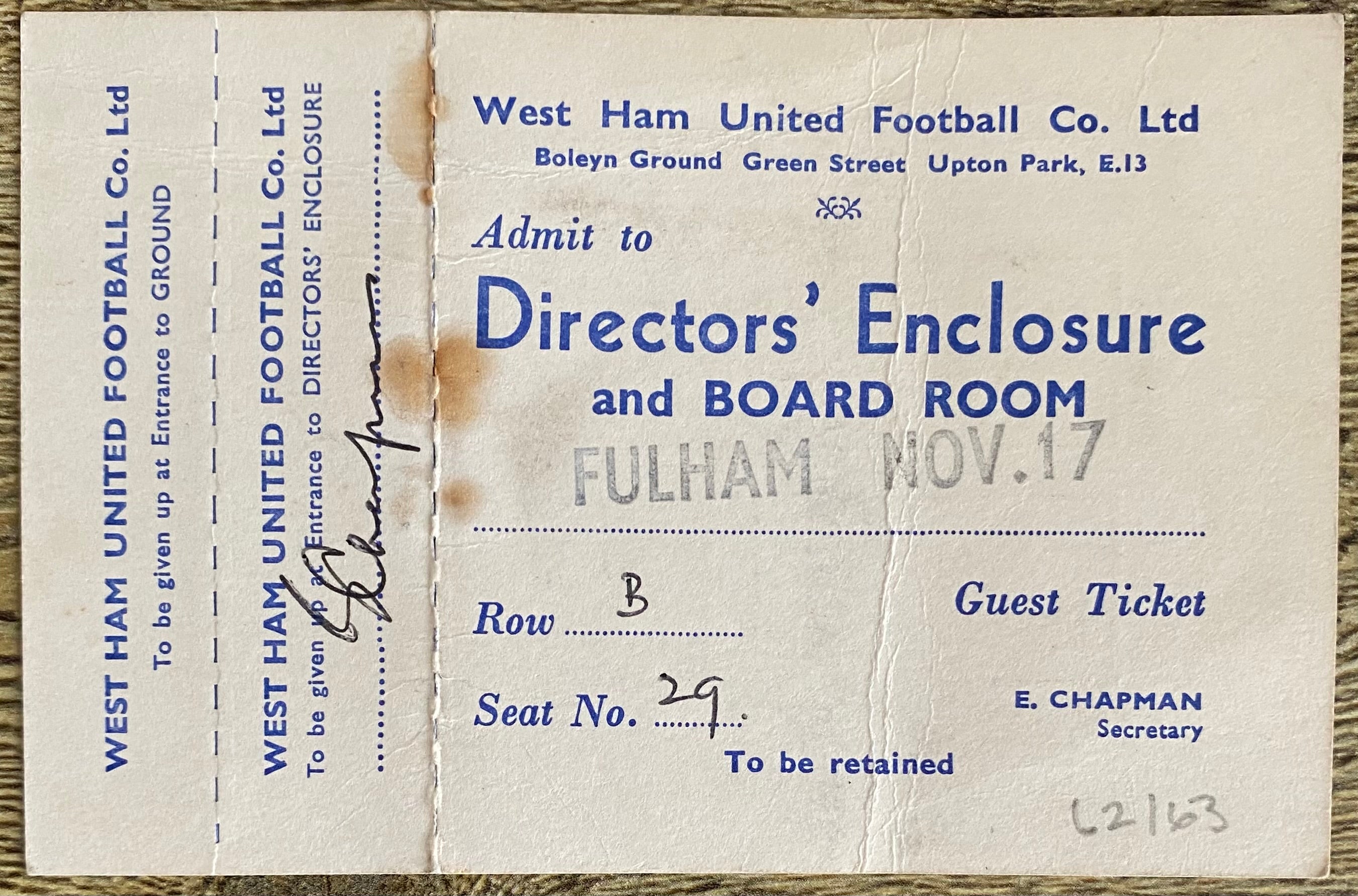 1962/63 ORIGINAL DIVISION ONE DIRECTORS TICKET WEST HAM UNITED V FULHAM