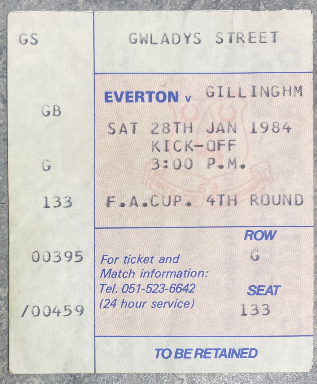 1983/84 ORIGINAL FA CUP 4TH ROUND TICKET EVERTON V GILLINGHAM