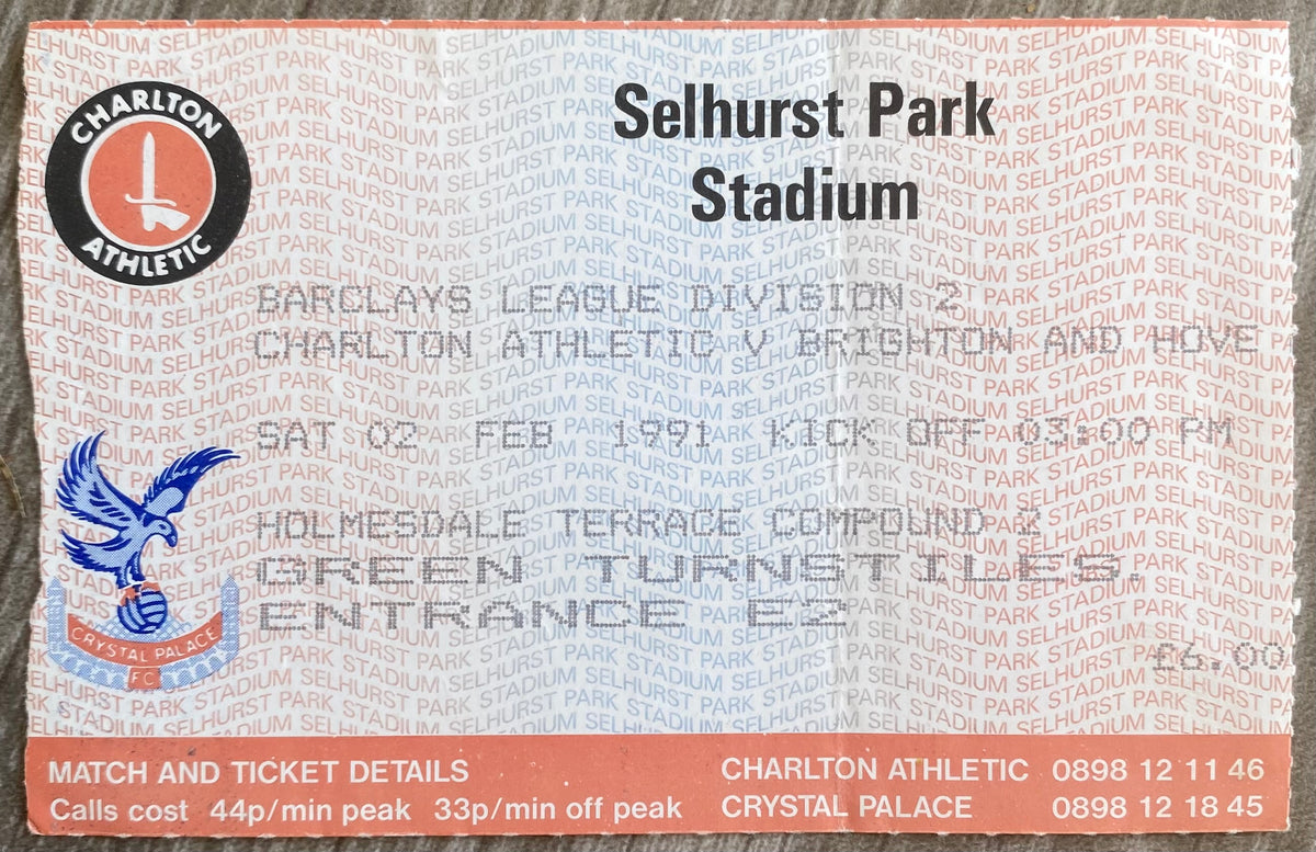 1990/91 ORIGINAL DIVISION 2 TICKET CHARLTON ATHLETIC V BRIGHTON AND HOVE ALBION