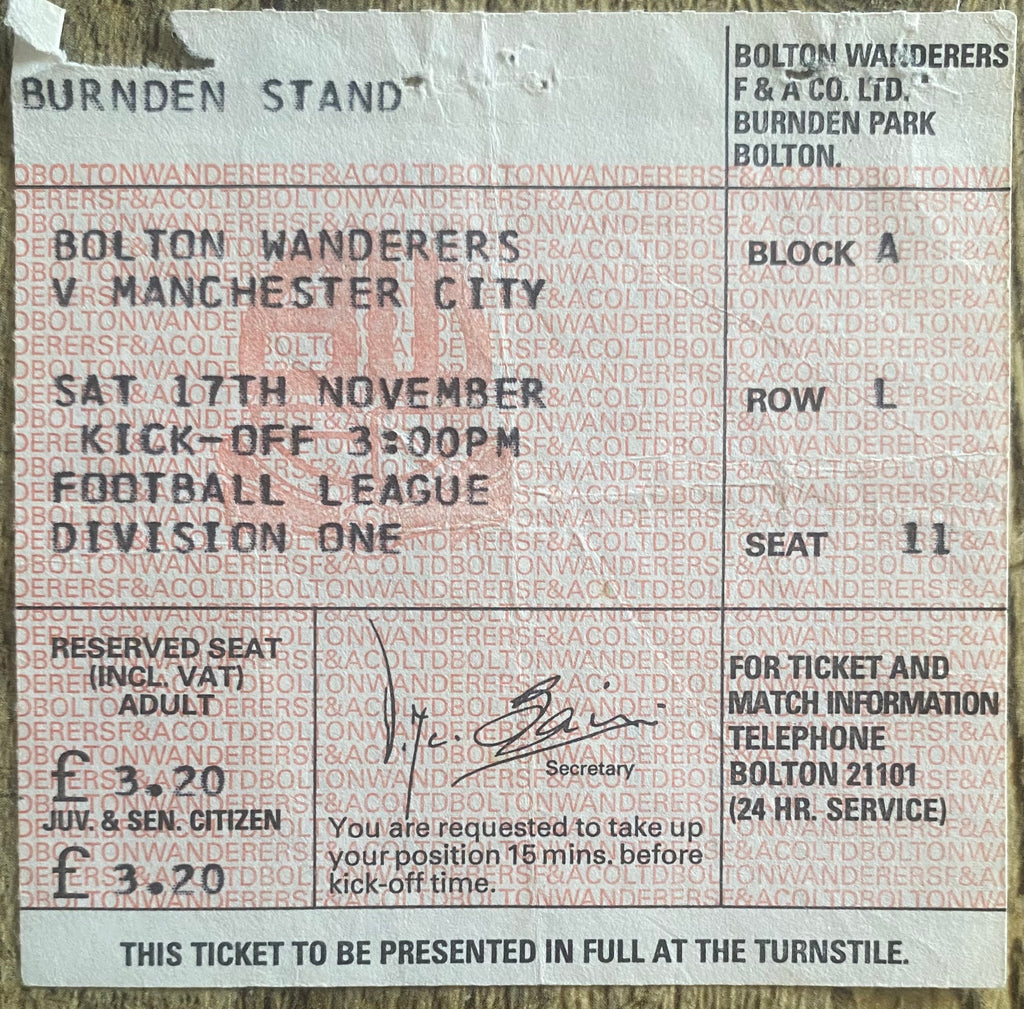 1979/80 ORIGINAL DIVISION ONE TICKET BOLTON WANDERERS V MANCHESTER CITY AND RAIL TICKET