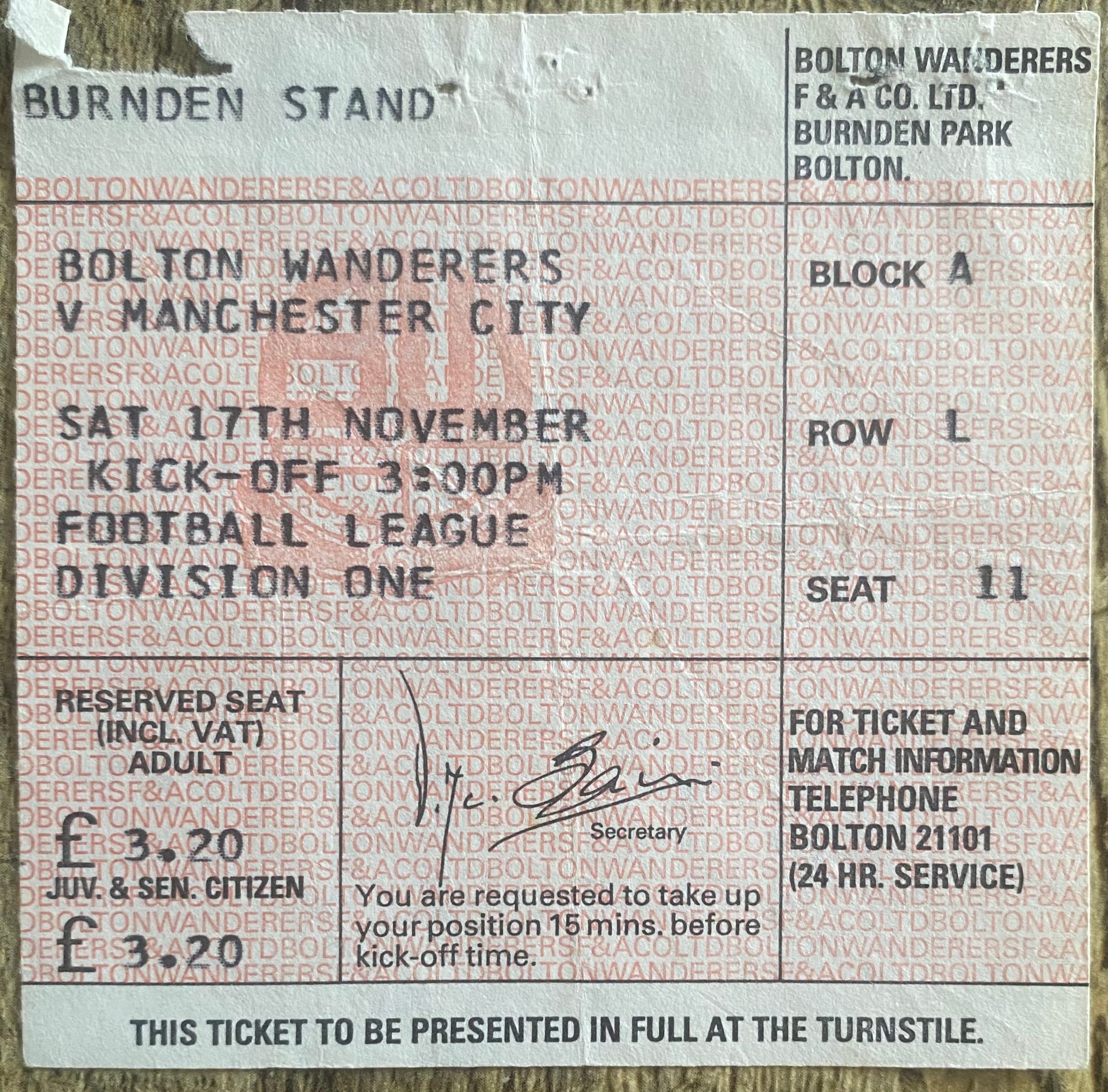 1979/80 ORIGINAL DIVISION ONE TICKET BOLTON WANDERERS V MANCHESTER CITY AND RAIL TICKET