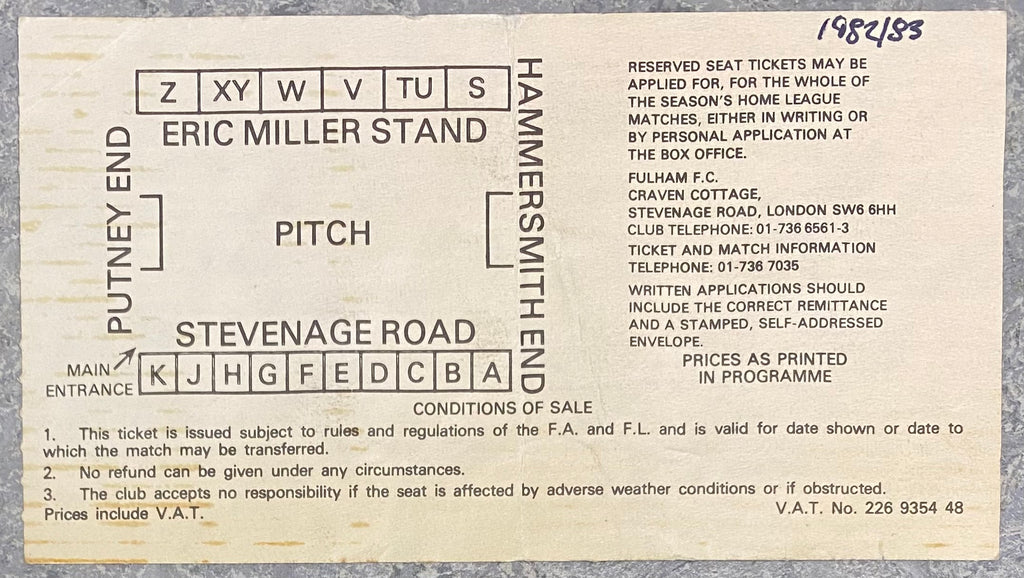 1982/83 ORIGINAL DIVISION TWO TICKET FULHAM V LEEDS UNITED