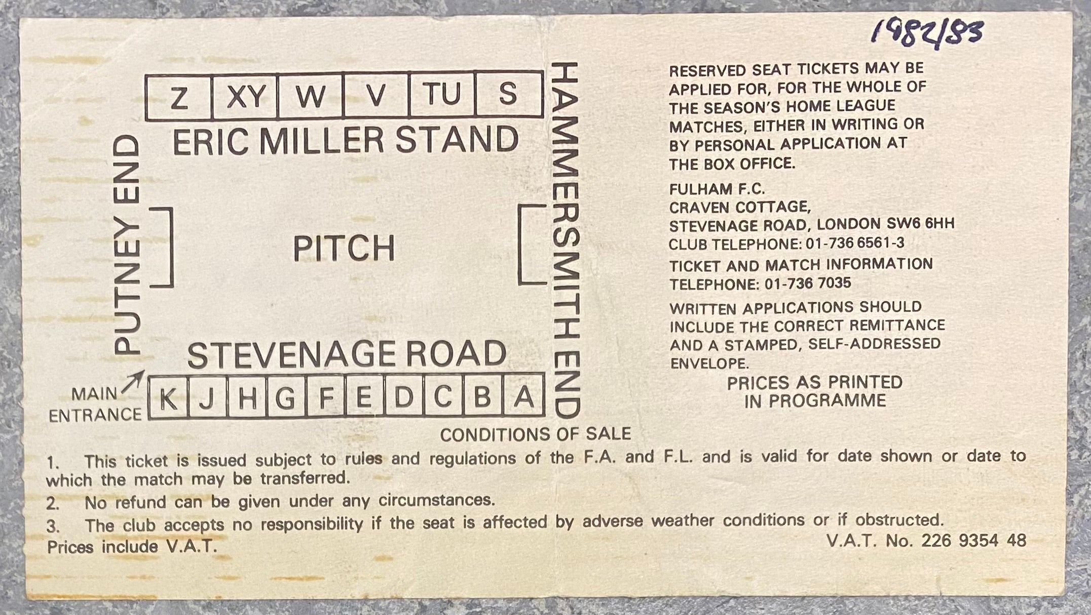 1982/83 ORIGINAL DIVISION TWO TICKET FULHAM V LEEDS UNITED