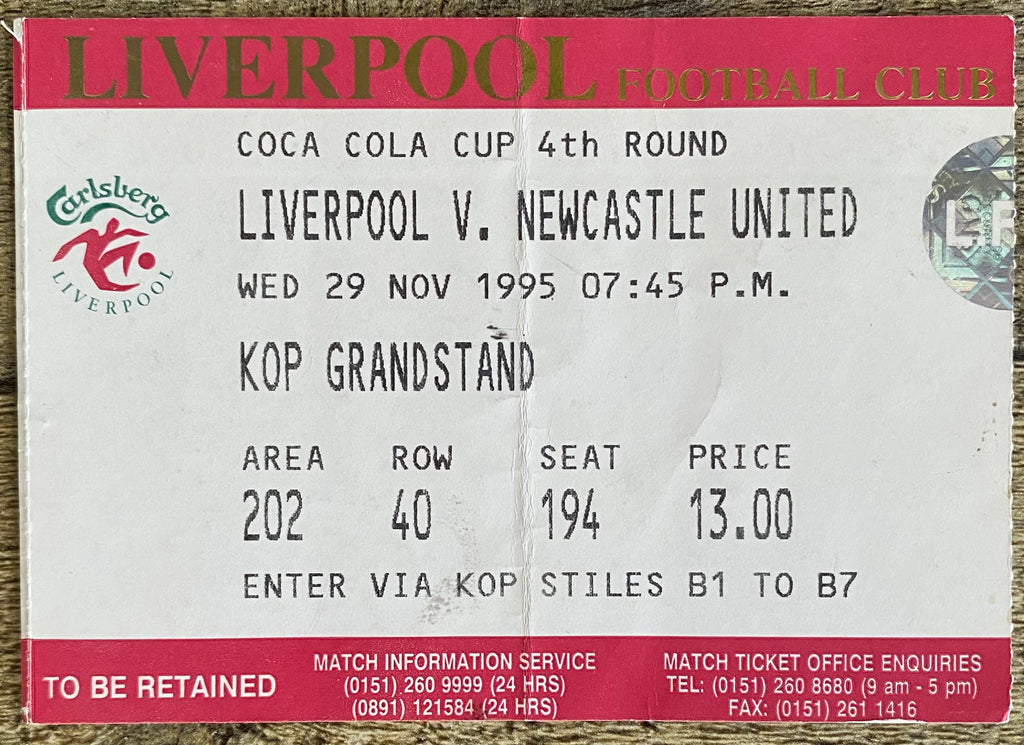 1995/96 ORIGINAL COCA COLA CUP 4TH ROUND TICKET LIVERPOOL V NEWCASTLE UNITED