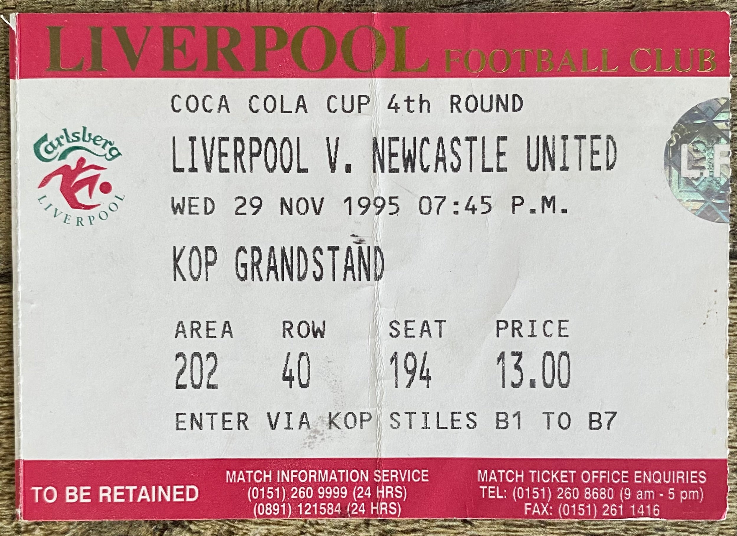 1995/96 ORIGINAL COCA COLA CUP 4TH ROUND TICKET LIVERPOOL V NEWCASTLE UNITED