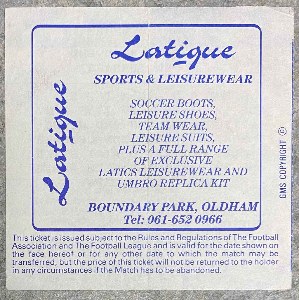 1989/90 ORIGINAL LITTLEWOODS CUP 2ND ROUND 1ST LEG TICKET OLDHAM ATHLETIC V LEEDS UNITED