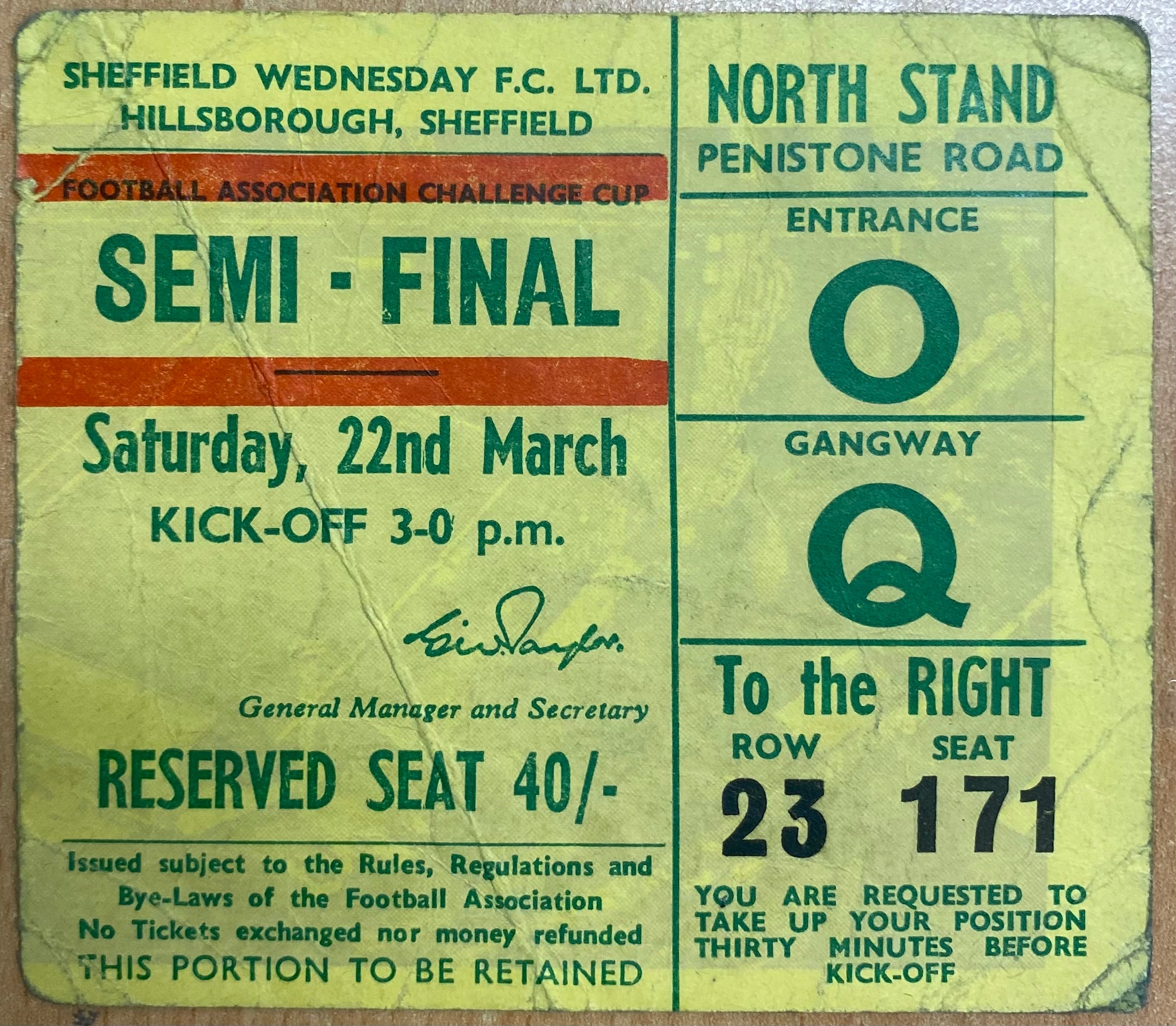 1969 ORIGINAL FA CUP SEMI FINAL TICKET LEICESTER CITY V WEST BROMWICH ALBION @ HILLSBOROUGH