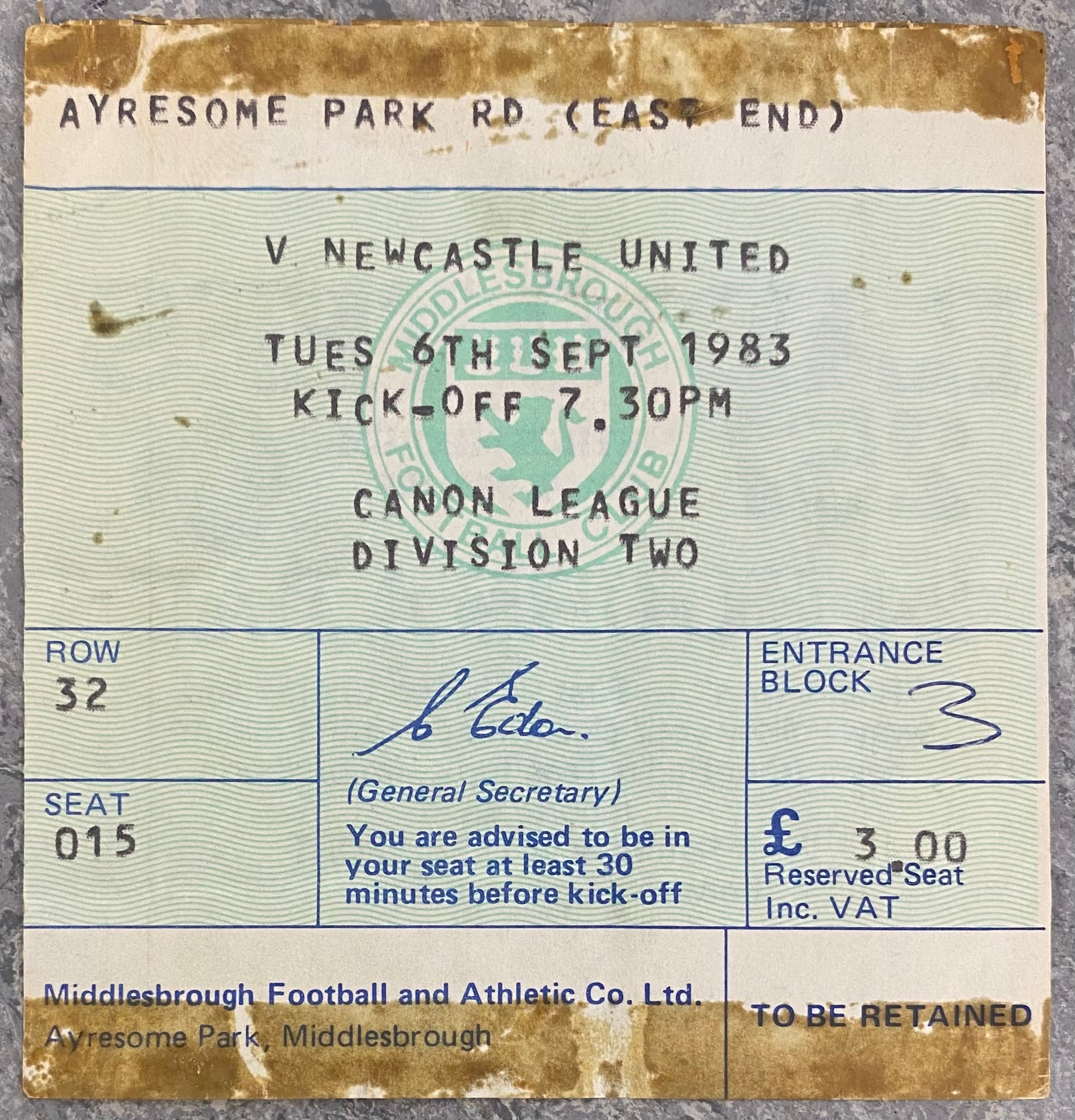 1983/84 ORIGINAL DIVISION 2 TICKET MIDDLESBROUGH V NEWCASTLE UNITED