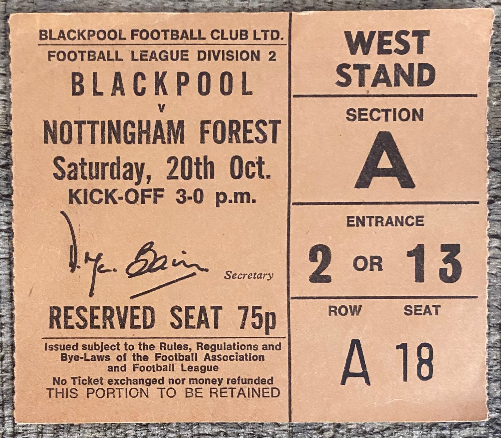 1973/74 ORIGINAL DIVISION 2 TICKET BLACKPOOL V NOTTINGHAM FOREST