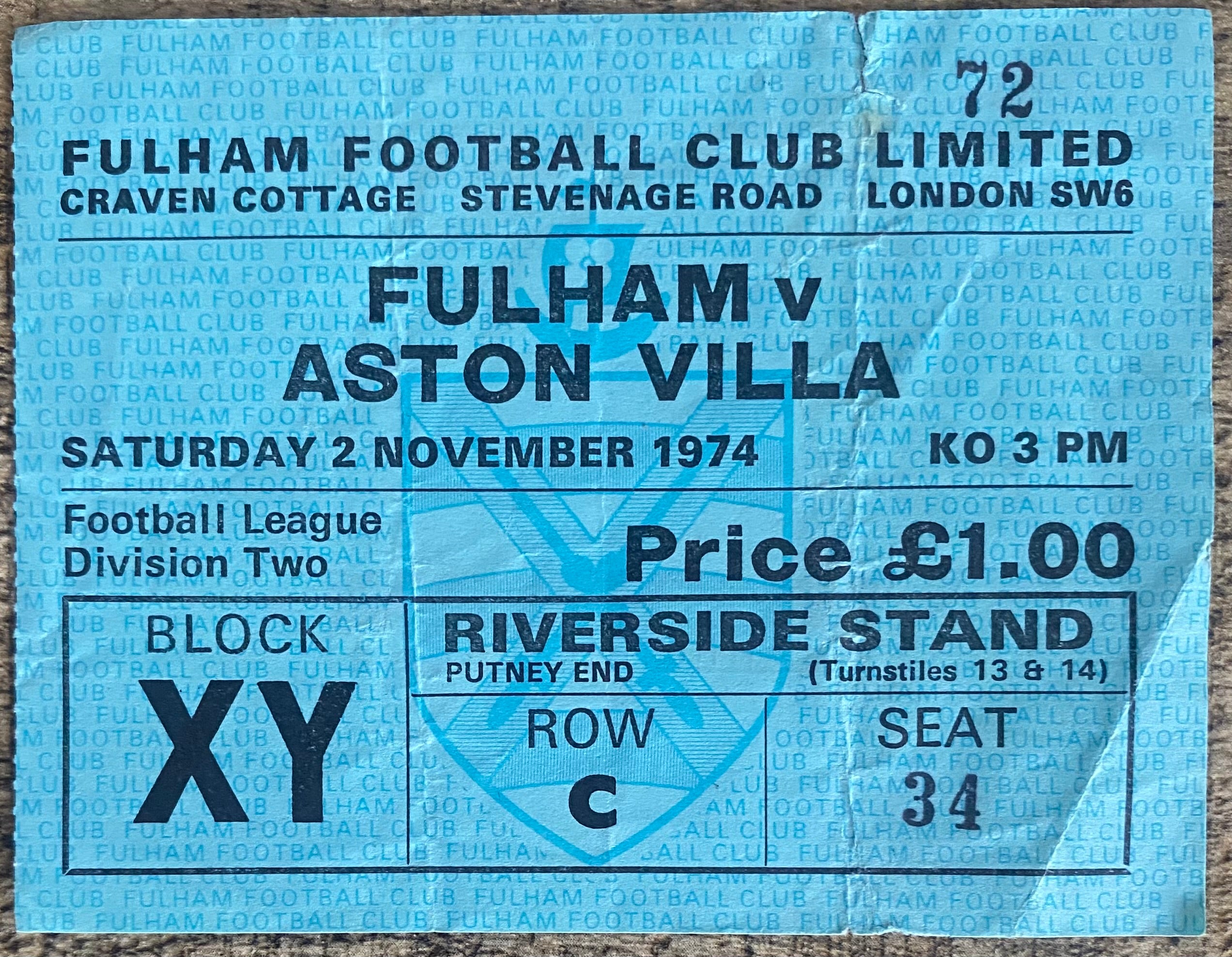 1974/75 ORIGINAL DIVISION 2 TICKET FULHAM V ASTON VILLA