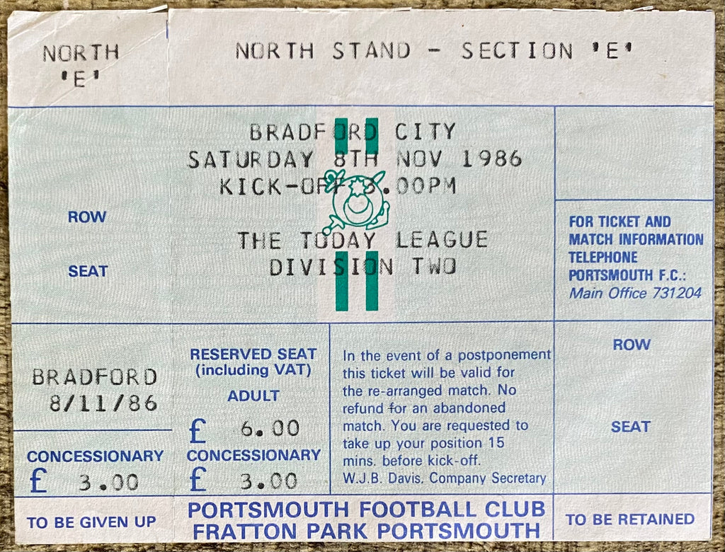 1986/87 ORIGINAL DIVISION 2 UNUSED TICKET PORTSMOUTH V BRADFORD CITY