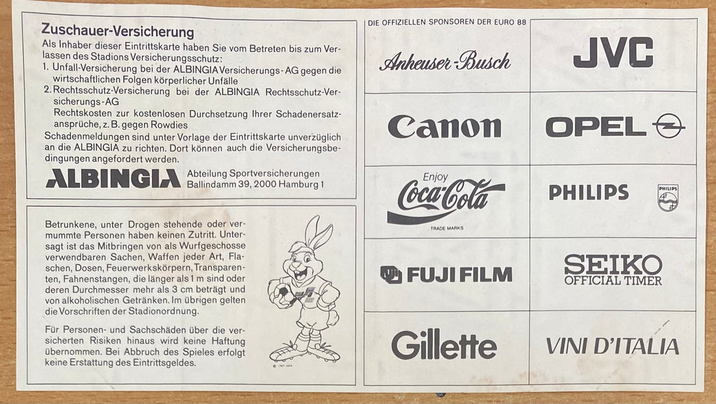 1988 ORIGINAL EURO 88 SEMI FINAL UNUSED TICKET SOVIET UNION V ITALY @ STUTTGART