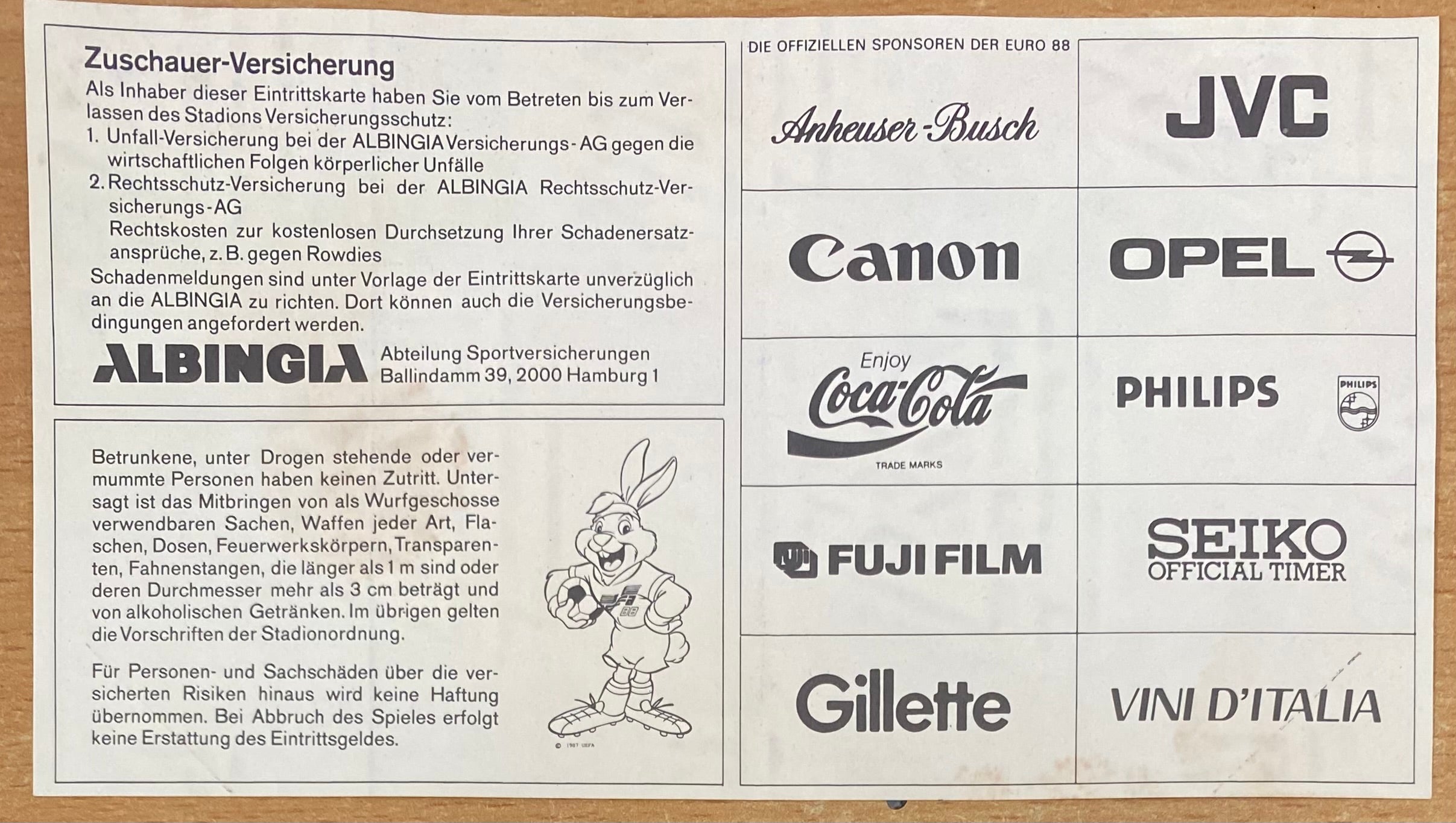 1988 ORIGINAL EURO 88 SEMI FINAL UNUSED TICKET SOVIET UNION V ITALY @ STUTTGART