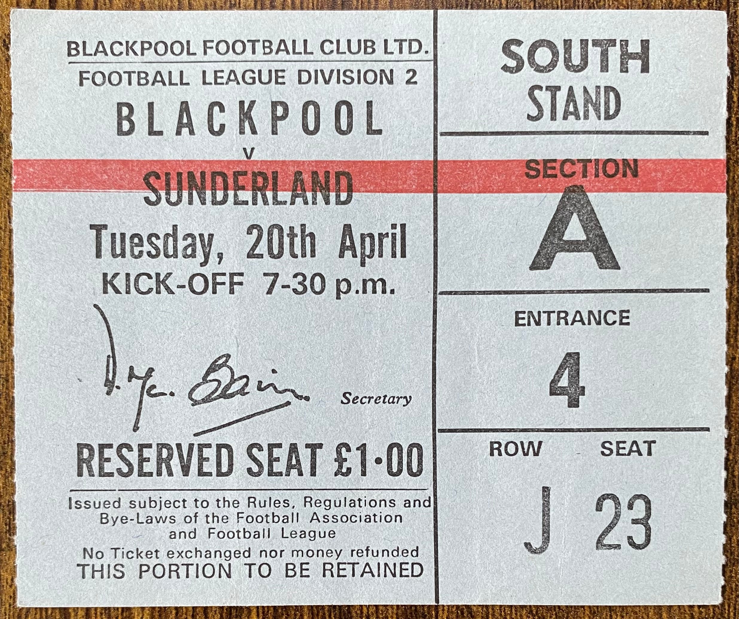 1975/76 ORIGINAL DIVISION 2 TICKET BLACKPOOL V SUNDERLAND