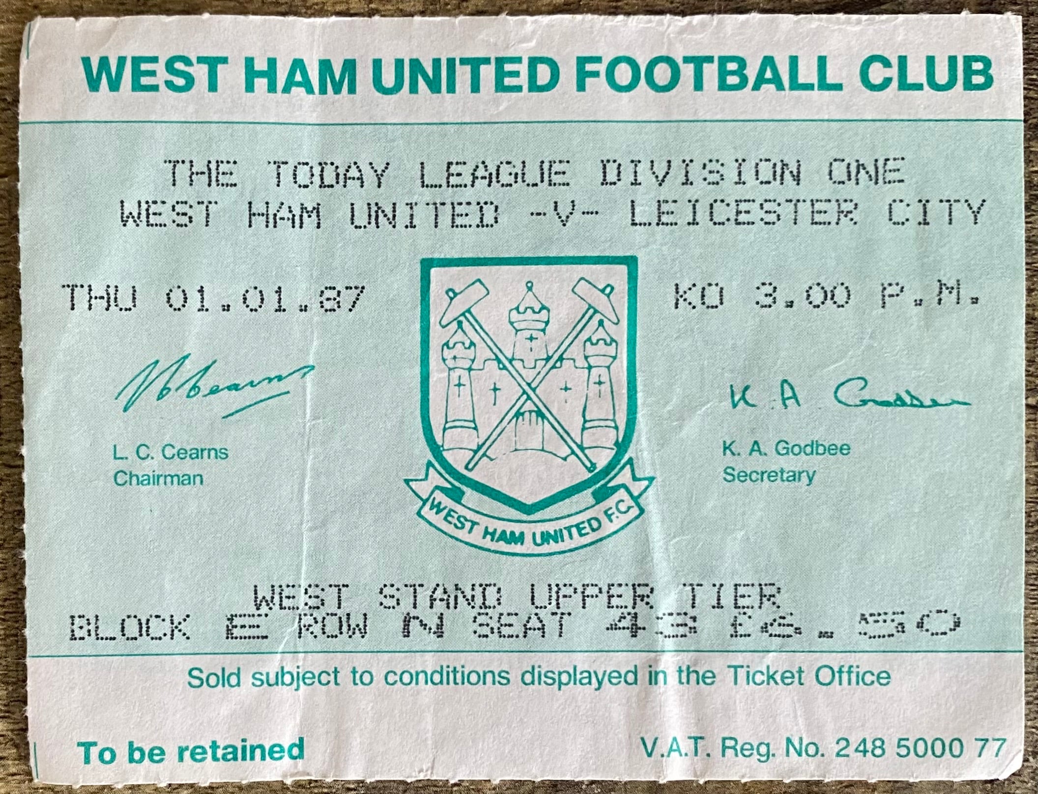 1986/87 ORIGINAL DIVISION ONE TICKET WEST HAM UNITED V LEICESTER CITY