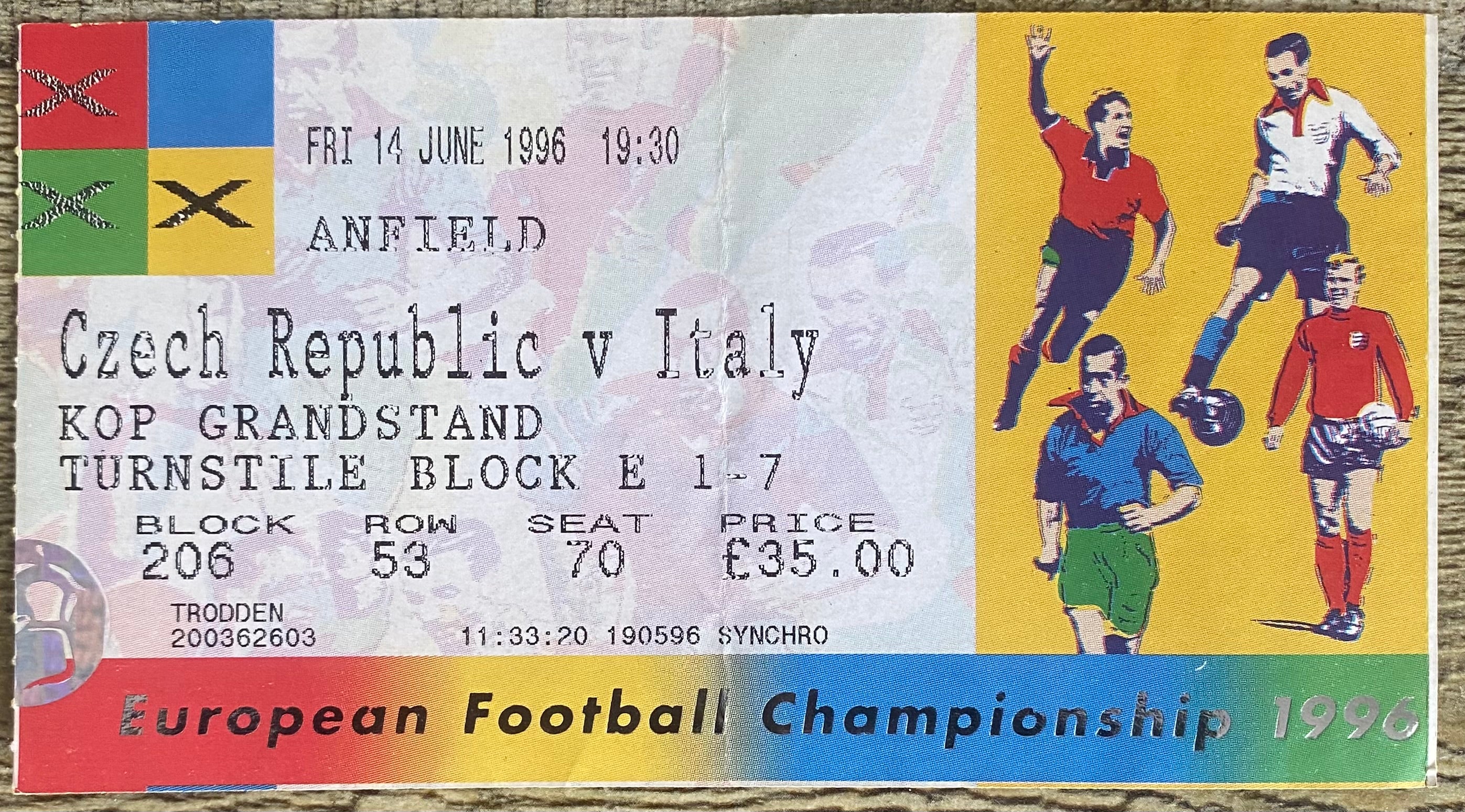 1996 ORIGINAL EUROPEAN CHAMPIONSHIPS EURO 96 TICKET CZECH REPUBLIC V ITALY @ ANFIELD