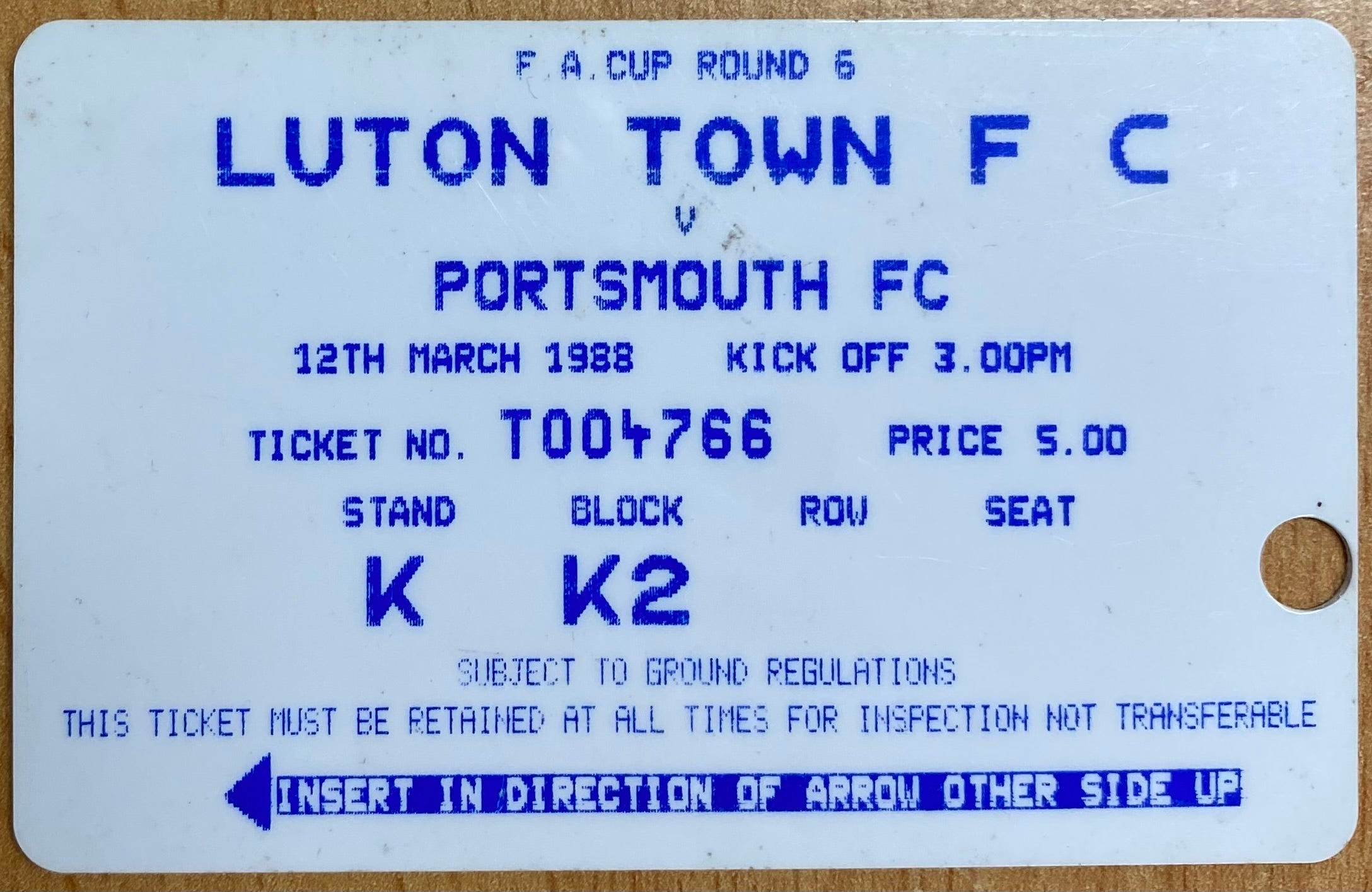 1987/88 ORIGINAL FA CUP 6TH ROUND TICKET LUTON TOWN V PORTSMOUTH