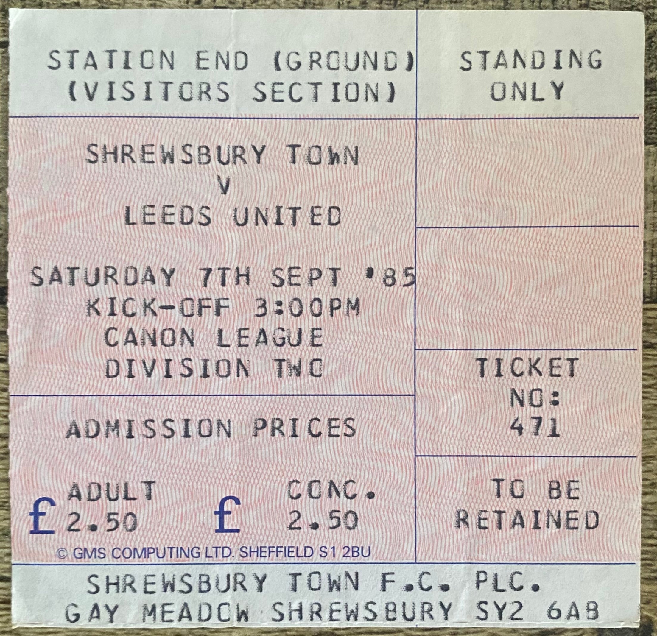 1985/86 ORIGINAL DIVISION 2 TICKET SHREWSBURY TOWN V LEEDS UNITED