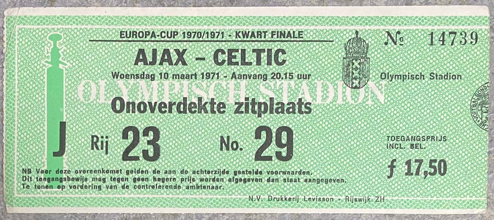 1970/71 ORIGINAL EUROPEAN CUP QUARTER FINALS 1ST LEG TICKET AJAX AMSTERDAM V GLASGOW CELTIC