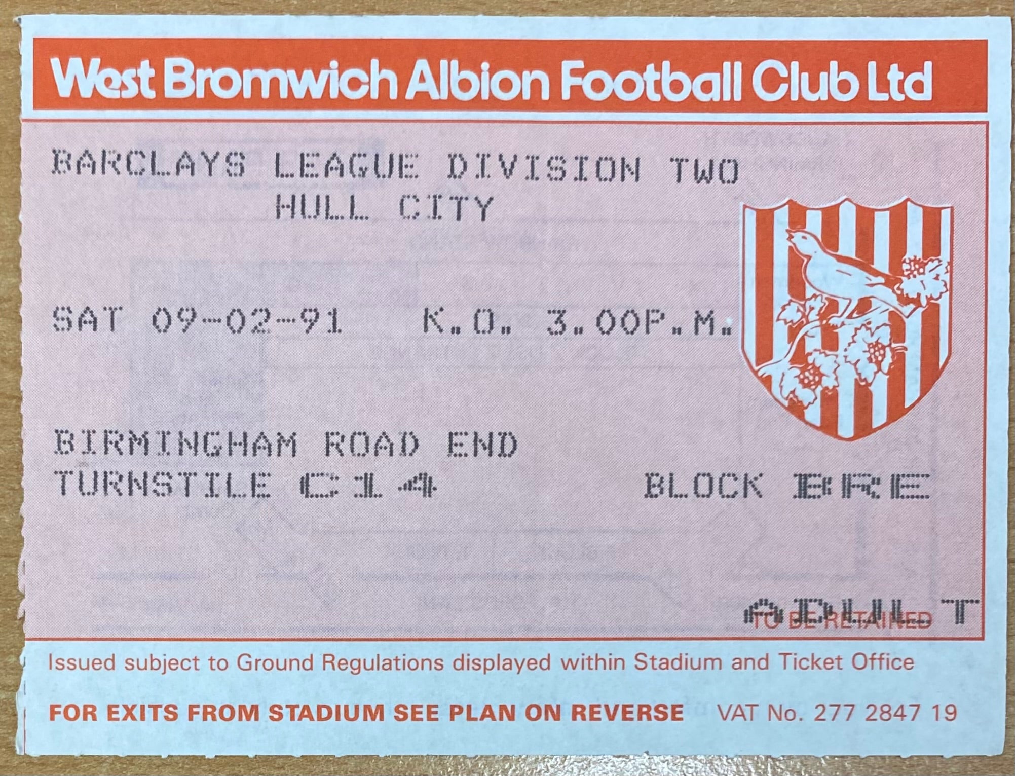 1990/91 ORIGINAL DIVISION 2 TICKET WEST BROMWICH ALBION V HULL CITY