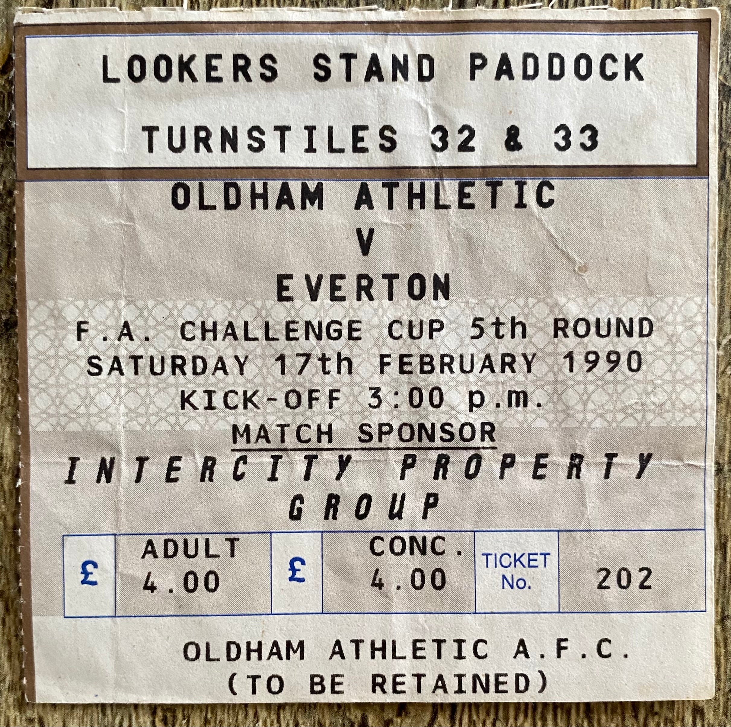 1989/90 ORIGINAL FA CUP 5TH ROUND TICKET OLDHAM ATHLETIC V EVERTON