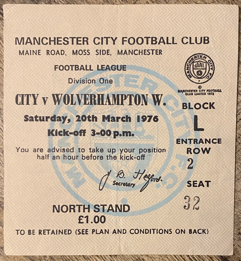 1975/76 ORIGINAL DIVISION 1 TICKET MANCHESTER CITY V WOLVERHAMPTON WANDERERS