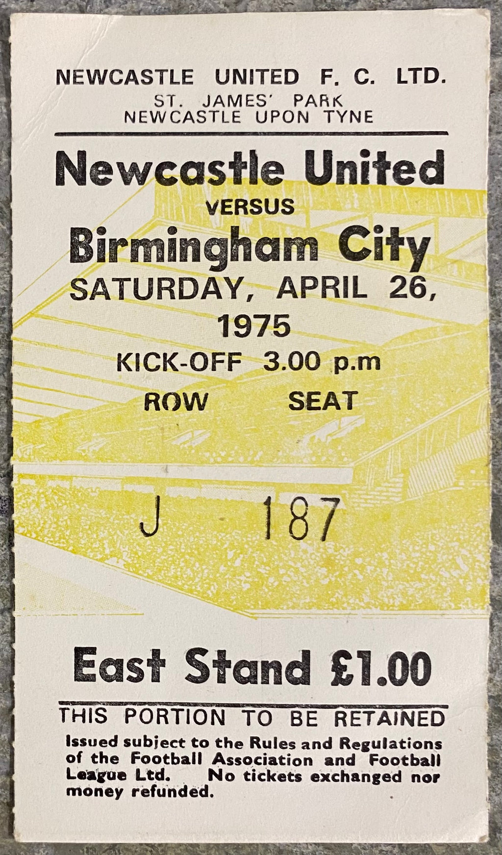 1974/75 ORIGINAL DIVISION 1 TICKET NEWCASTLE UNITED V BIRMINGHAM CITY