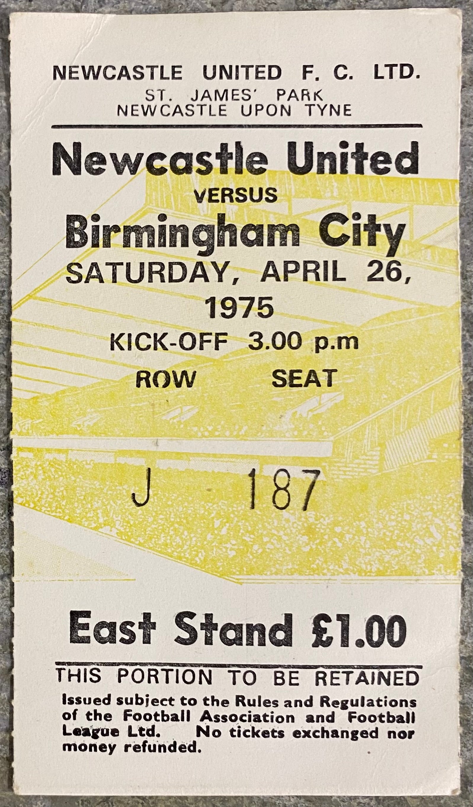 1974/75 ORIGINAL DIVISION 1 TICKET NEWCASTLE UNITED V BIRMINGHAM CITY