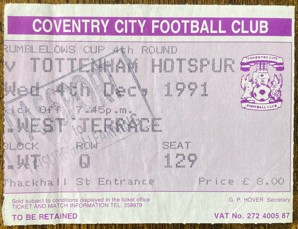1991/92 ORIGINAL RUMBELOWS CUP 4TH ROUND TICKET COVENTRY CITY V TOTTENHAM HOTSPUR