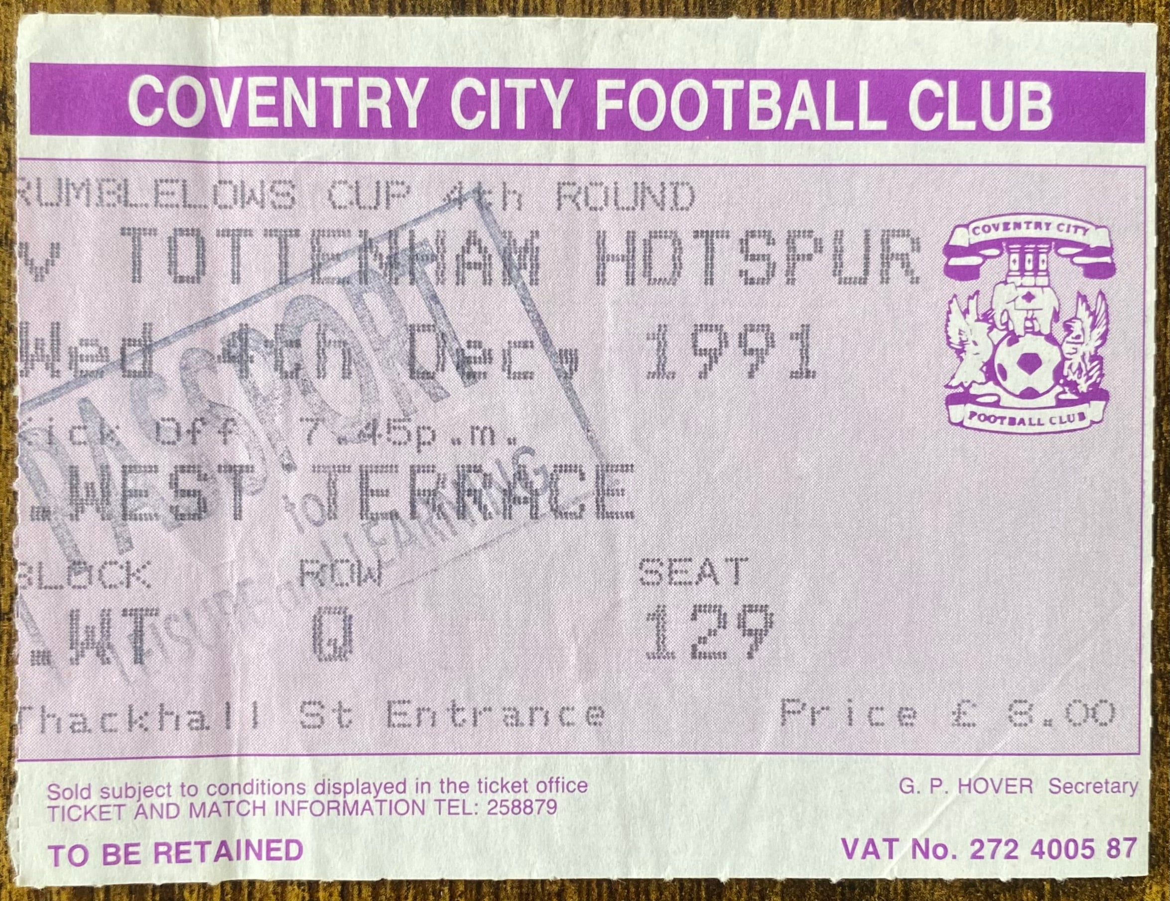 1991/92 ORIGINAL RUMBELOWS CUP 4TH ROUND TICKET COVENTRY CITY V TOTTENHAM HOTSPUR