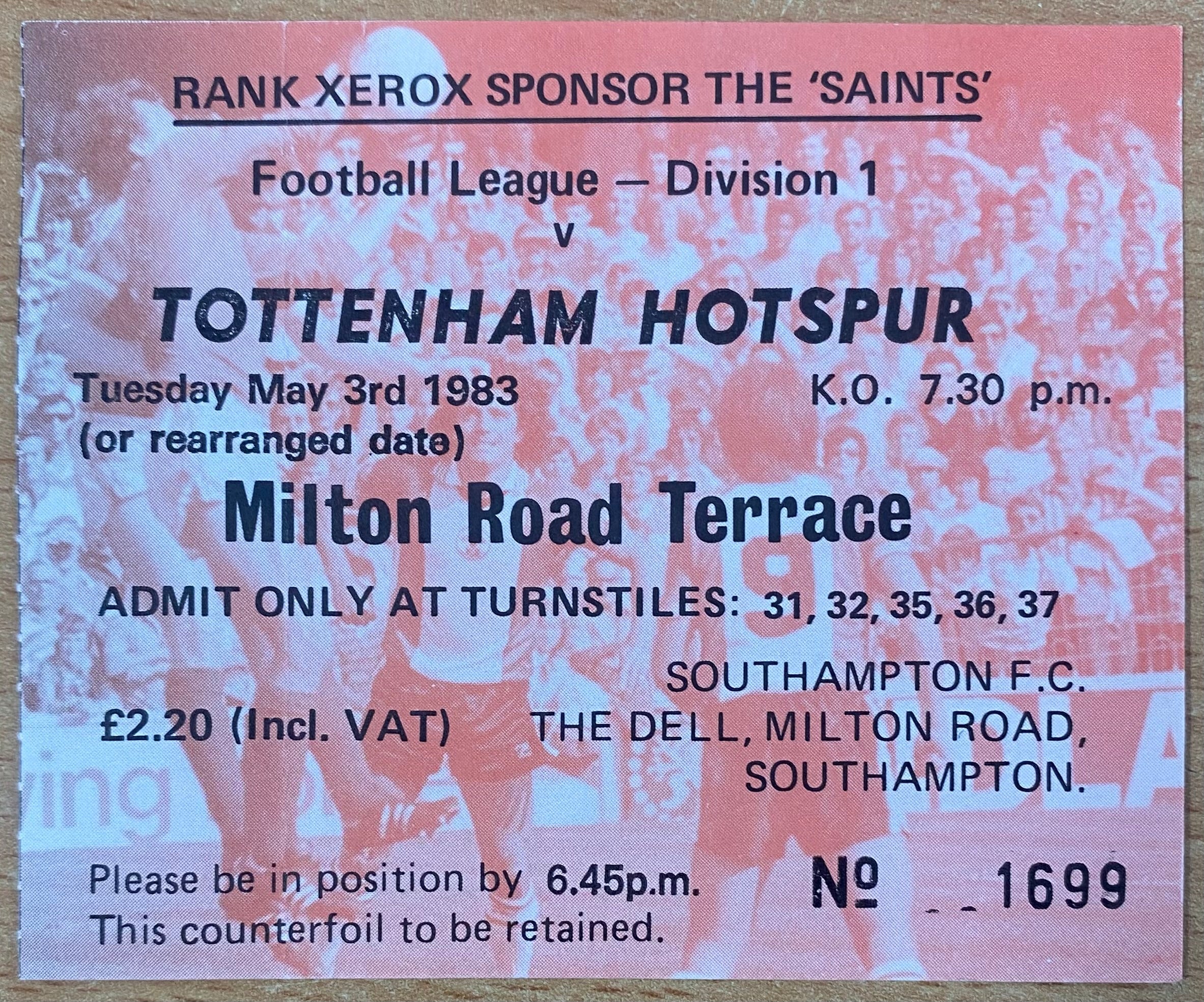1982/83 ORIGINAL DIVISION ONE TICKET SOUTHAMPTON V TOTTENHAM HOTSPUR