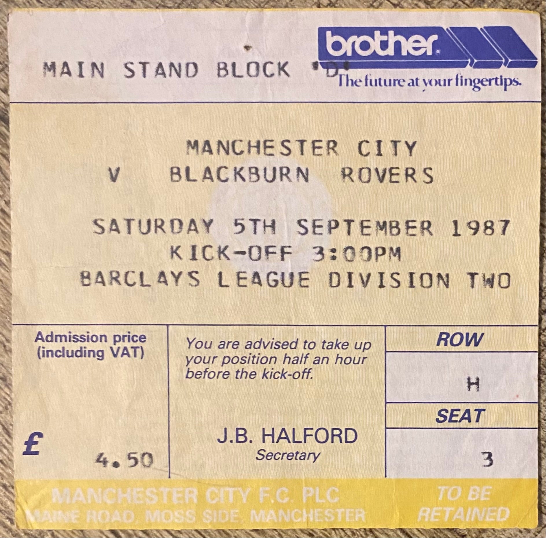 1987/88 ORIGINAL DIVISION 2 TICKET MANCHESTER CITY V BLACKBURN ROVERS
