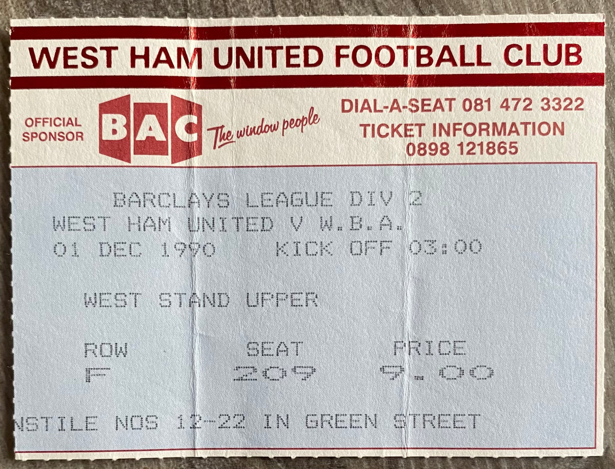 1990/91 ORIGINAL DIVISION 2 TICKET WEST HAM UNITED V WEST BROMWICH ALBION