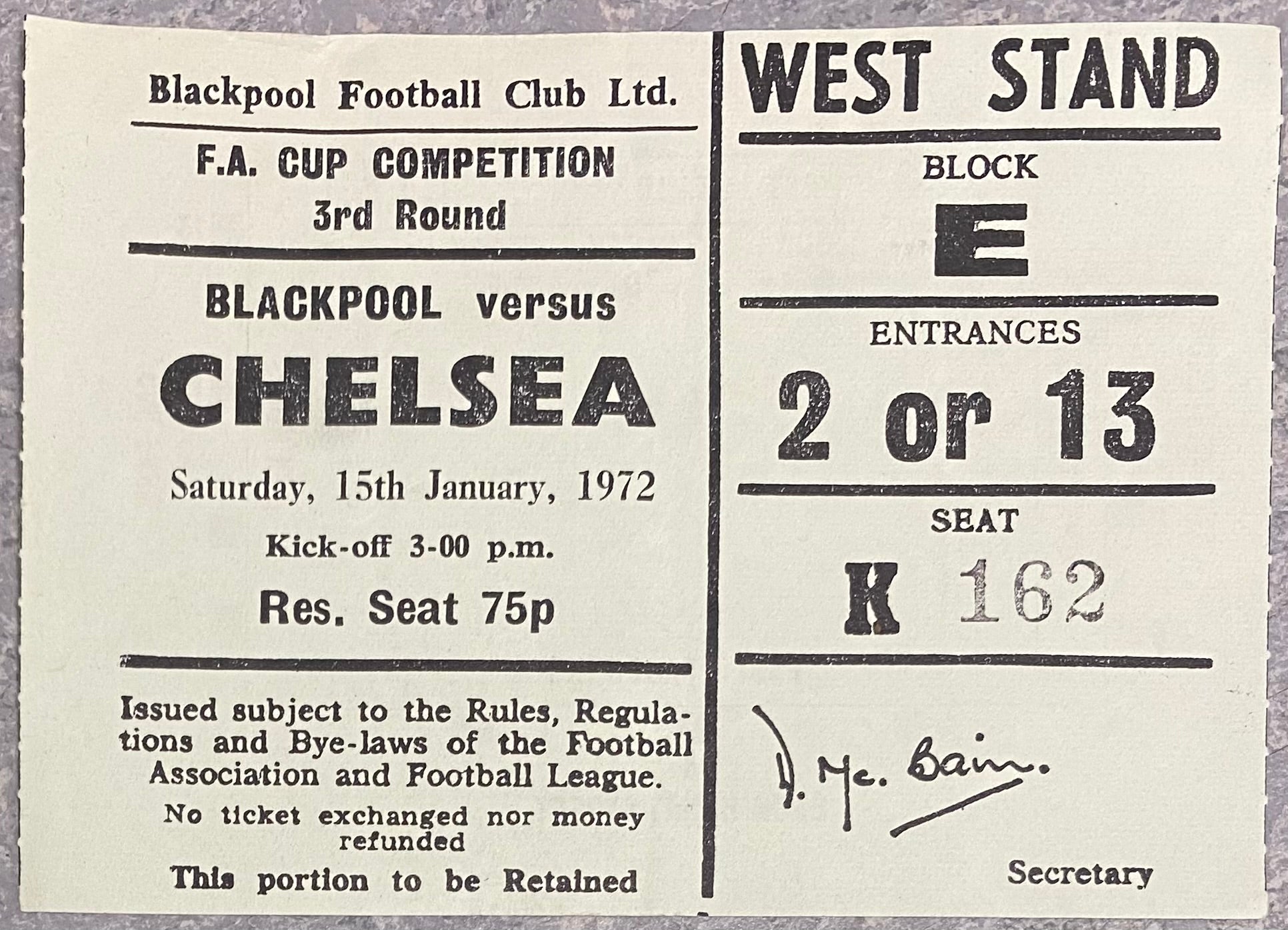 1971/72 ORIGINAL FA CUP 3RD ROUND TICKET BLACKPOOL V CHELSEA