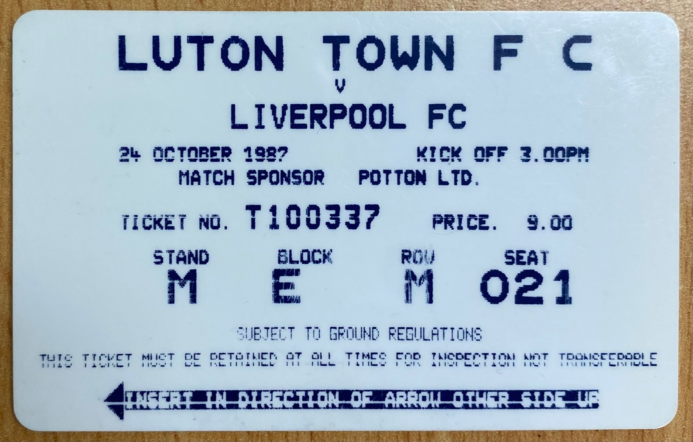 1987/88 ORIGINAL DIVISION 1 TICKET LUTON TOWN V LIVERPOOL