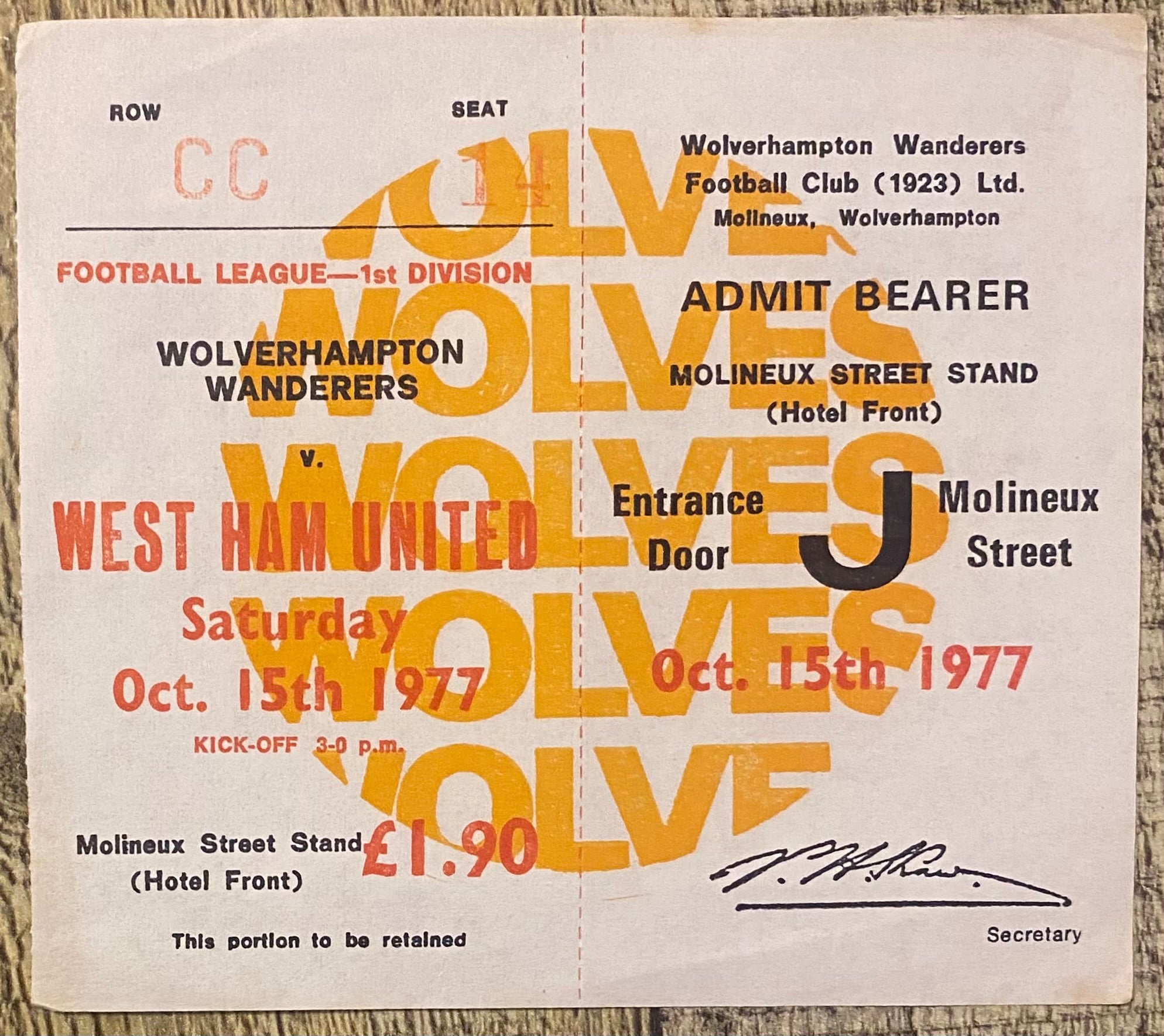 1977/78 ORIGINAL DIVISION ONE TICKET WOLVERHAMPTON WANDERERS V WEST HAM UNITED