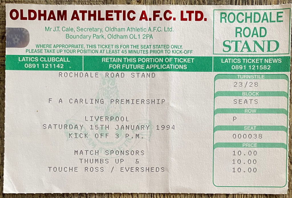 1993/94 ORIGINAL FA PREMIERSHIP TICKET OLDHAM ATHLETIC V LIVERPOOL