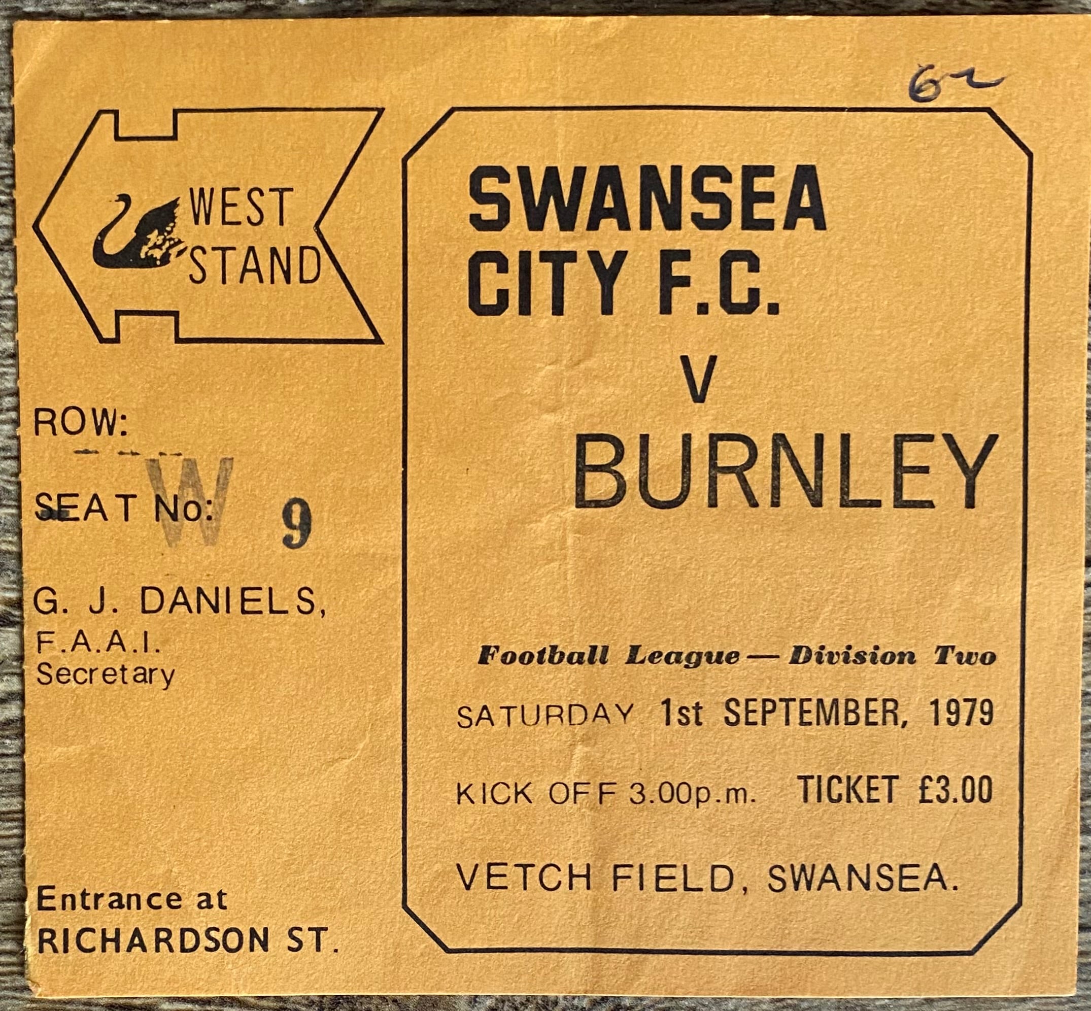 1979/80 ORIGINAL DIVISION 2 TICKET SWANSEA CITY V BURNLEY