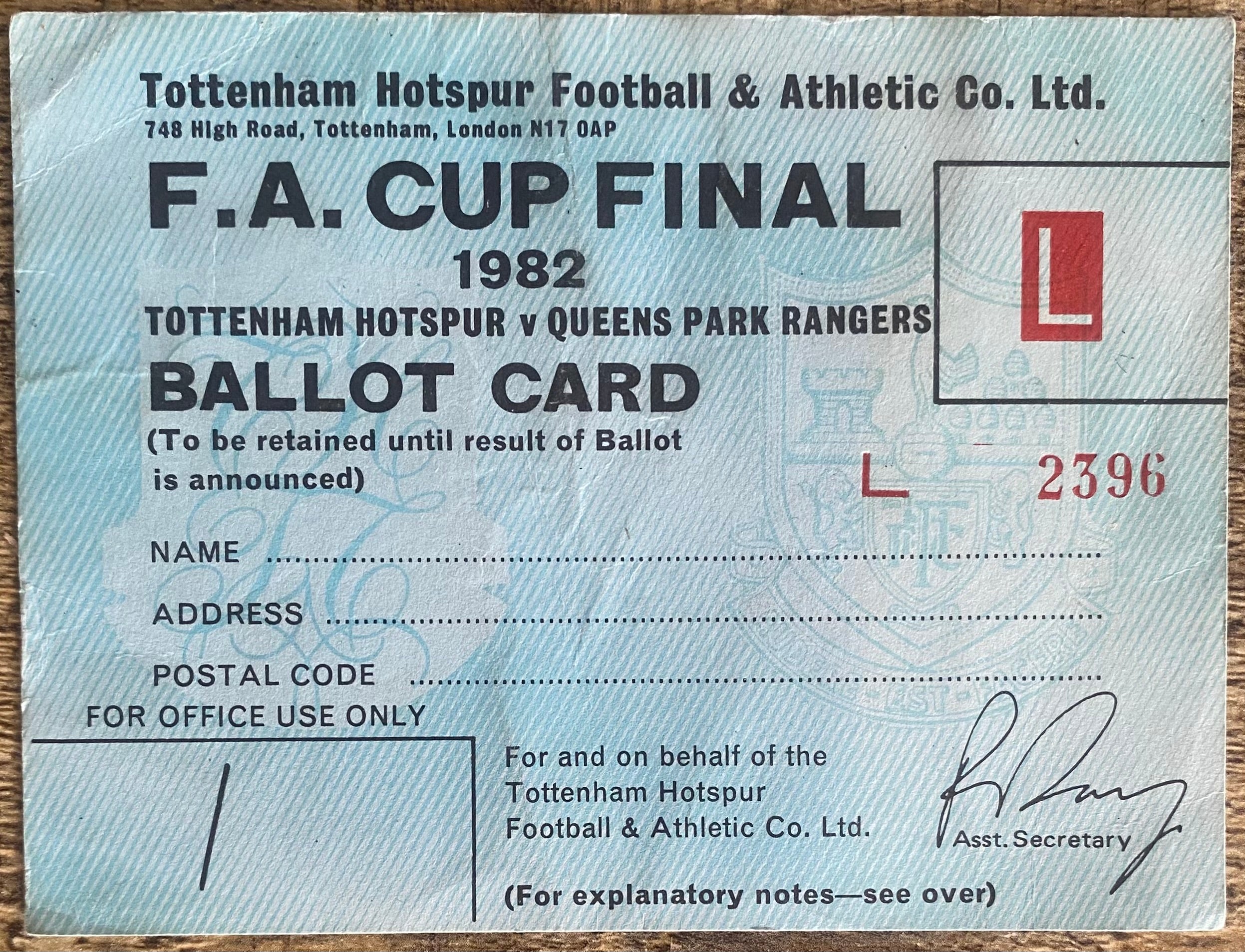 1982 ORIGINAL FA CUP FINAL TICKET TOTTENHAM HOTSPUR BALLOT CARD