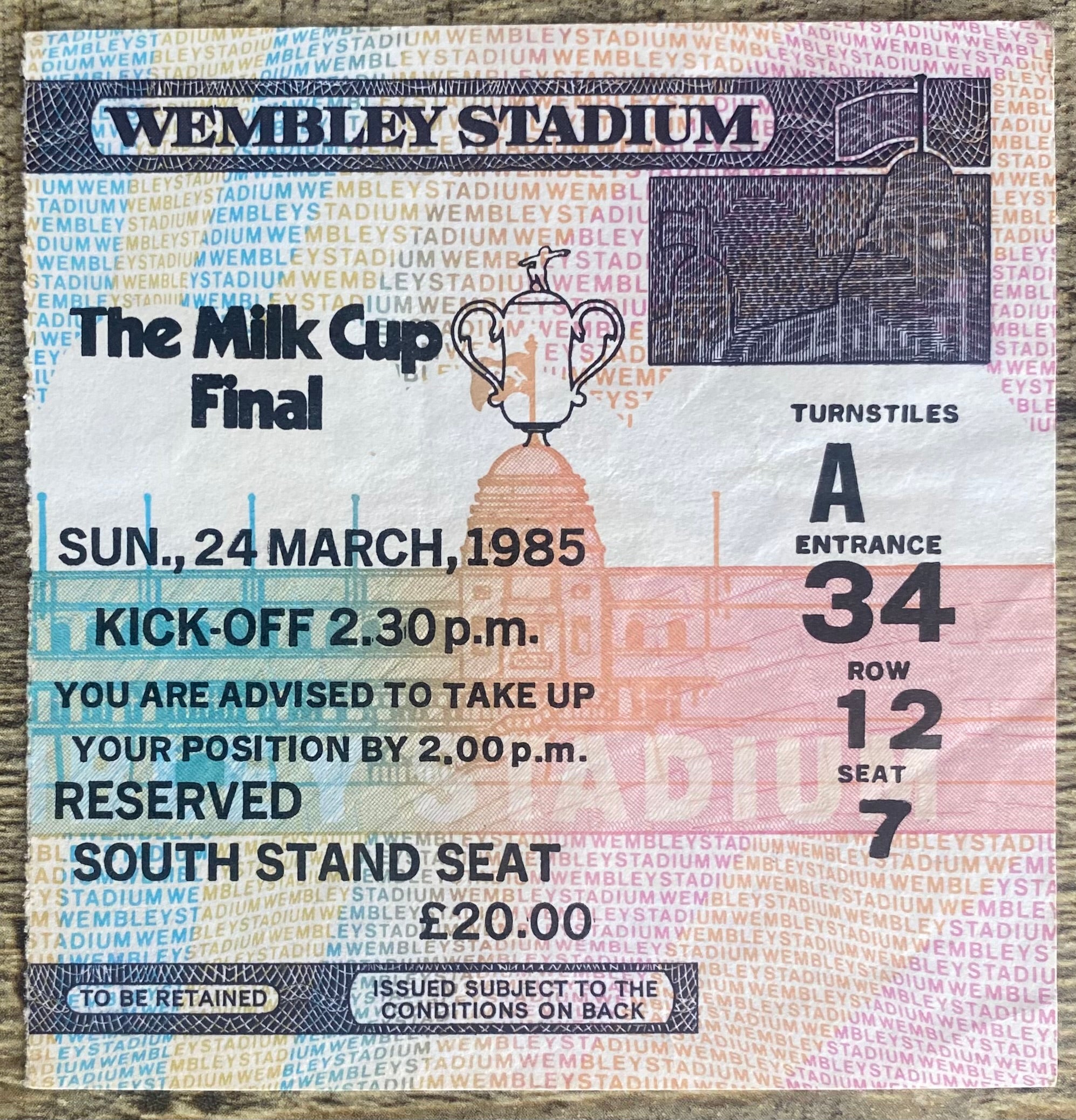1985 ORIGINAL MILK CUP FINAL TICKET NORWICH V SUNDERLAND