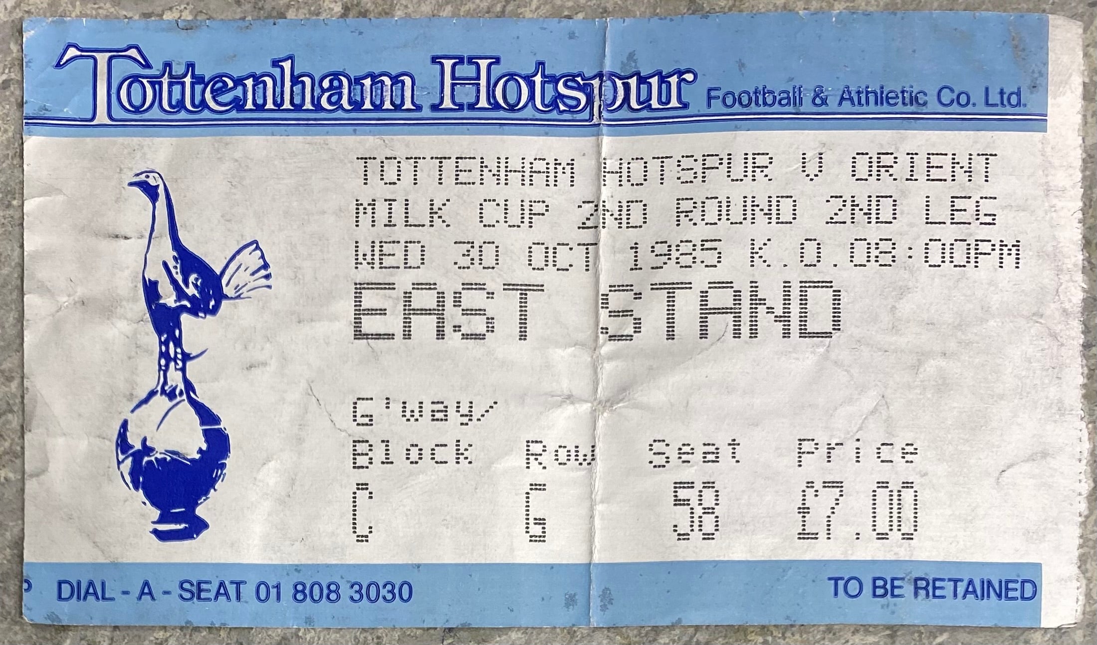 1985/86 ORIGINAL MILK CUP 2ND ROUND 2ND LEG TICKET TOTTENHAM HOTSPUR V ORIENT