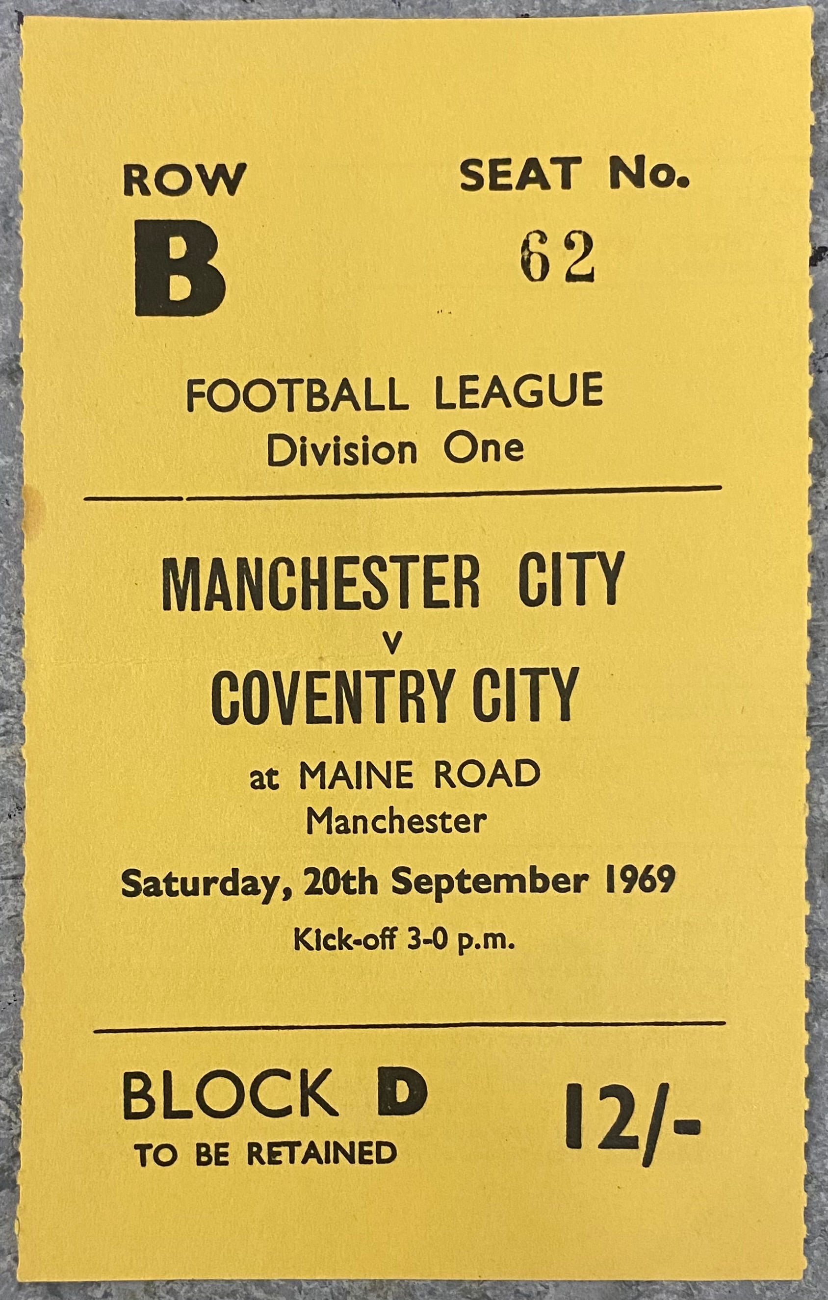 1969/70 ORIGINAL DIVISION 1 TICKET MANCHESTER CITY V COVENTRY CITY